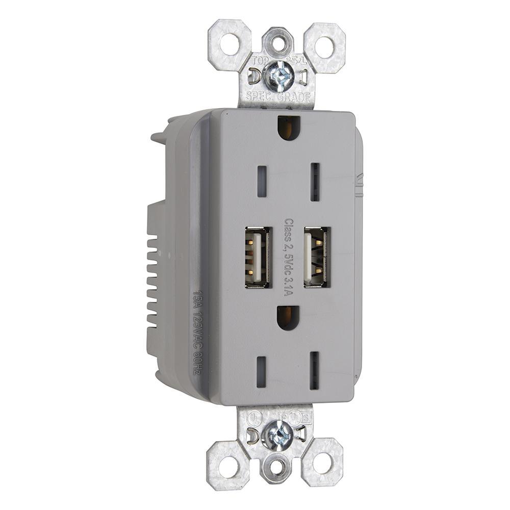 Pass & Seymour® TR5262USBGRY Receptacles & USB Ports