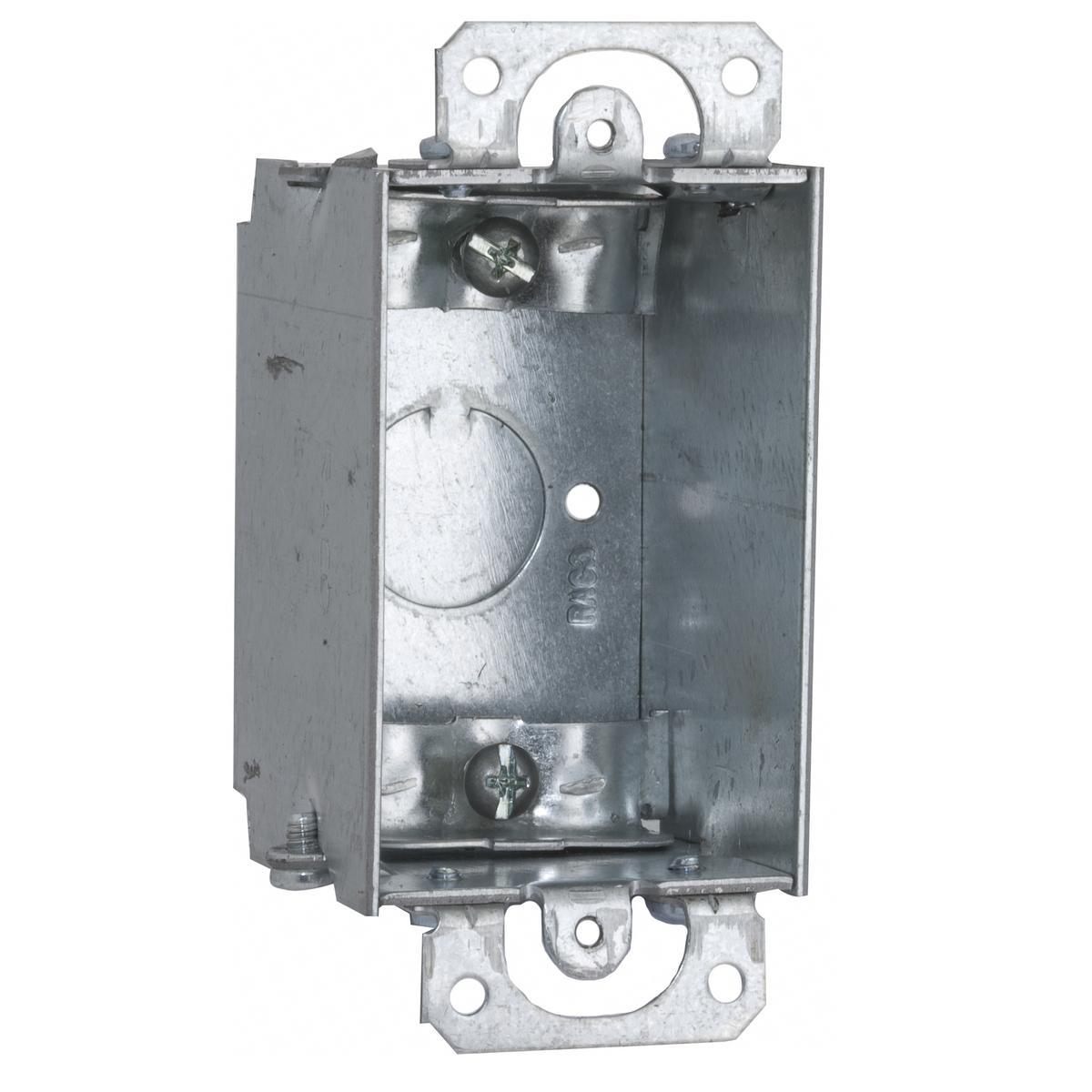 RACO® 445 Gangable Switch Box, Steel, 10 cu-in Capacity, 1 Gangs, 1 Outlets, 5 Knockouts, 2 in H x 4.22 in W x 2 in D