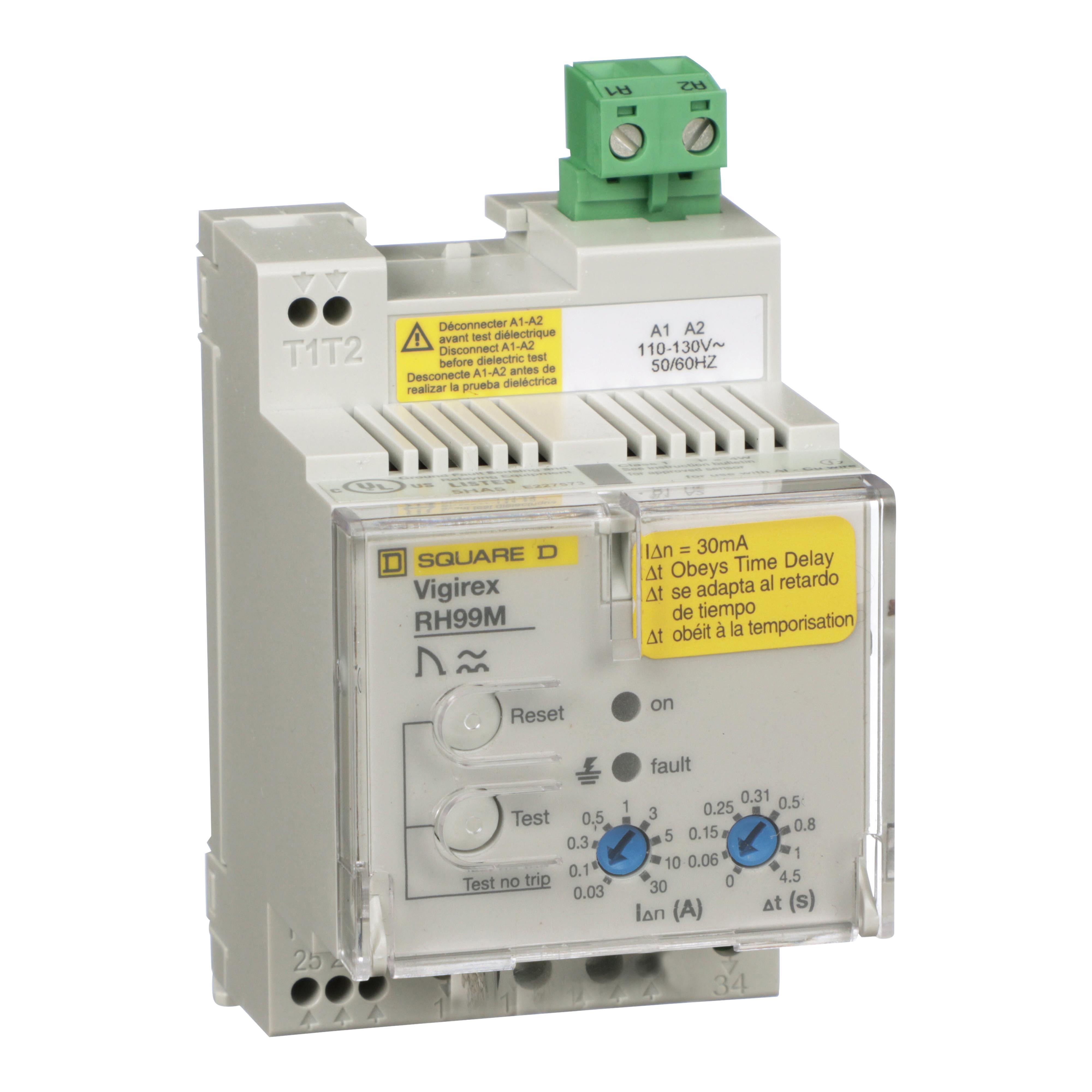 Schneider Electric Square D™ 56372TD Vigirex™ RH99M Manual Reset Ground Fault Relay, 120 V AC, 0 s Instantaneous, 60/150/250/310/500/800 ms, 1/4.5 s, 9-User Selectable Thresholds: 30/100/300/500 mA, 1/3/5/10/30 A Sensitivity, DIN Rail Mount