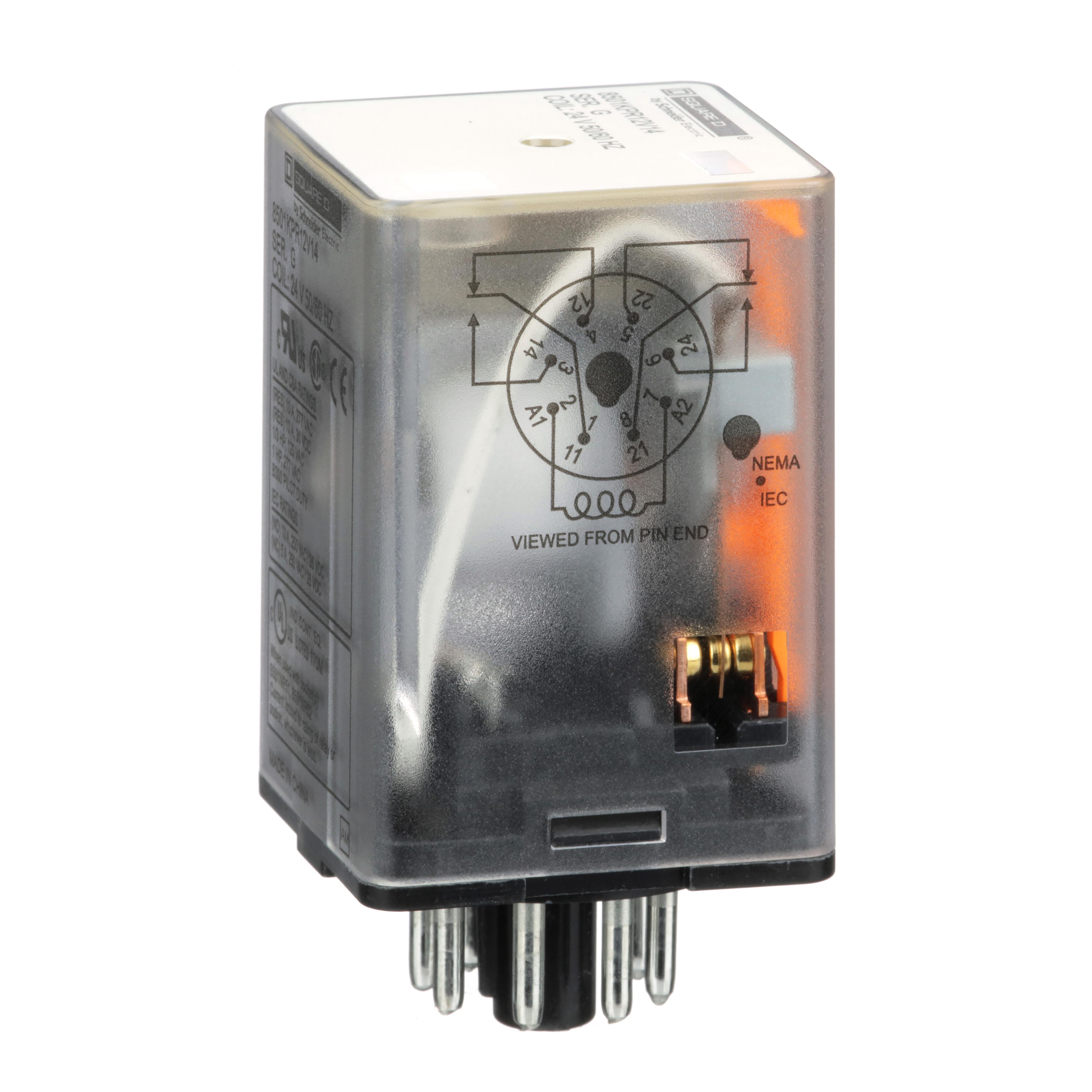 Schneider Electric Square D™ 8501KPR12V14 Type K General Purpose Relay With Standard Cover, 10 A, 8 Pin, 2CO 2 Form C DPDT Contact, 300 V AC, 30 V DC V Coil