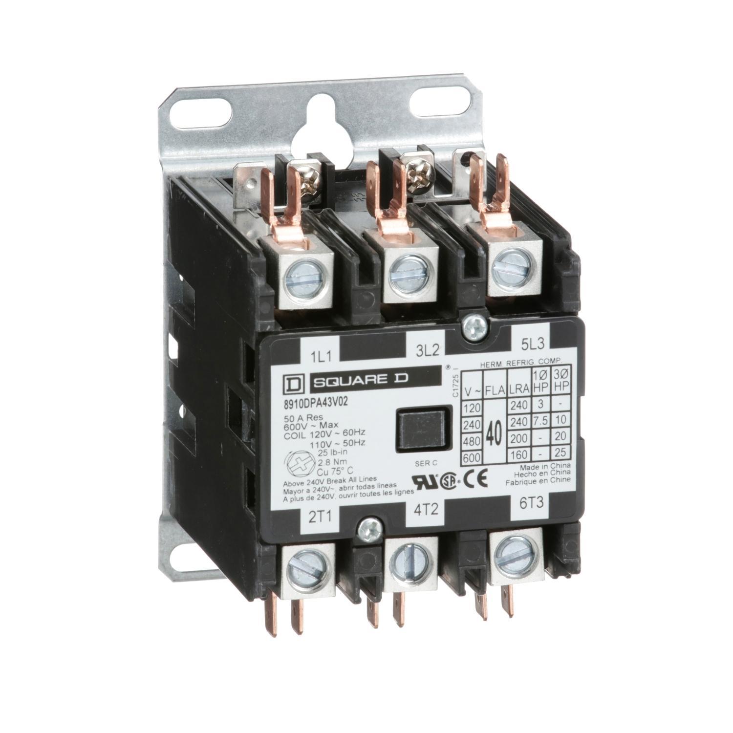 Schneider Electric Square D™ 8910DPA43V02Y181 Definite Purpose Contactor, 110/120 V AC V Coil, 240 A at 277 VAC, 3NO Contact, 3 Poles
