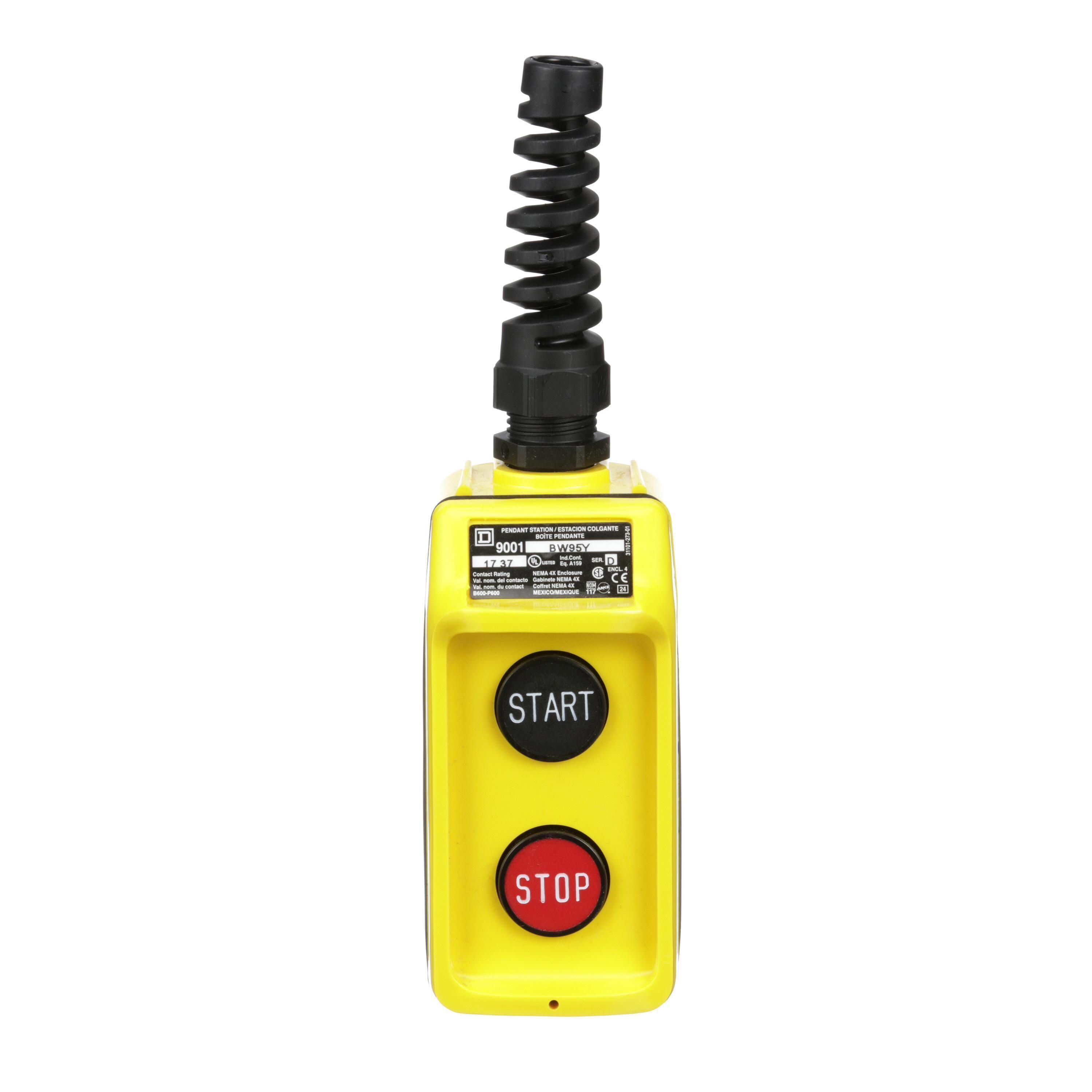 Schneider Electric Harmony™ 9001BW95Y Type BW Pendant Control Station, 600 V AC, 5 A, 1NO-1NC Contact, 2 Operators, NEMA 1/3/3R/4/4X NEMA Rating