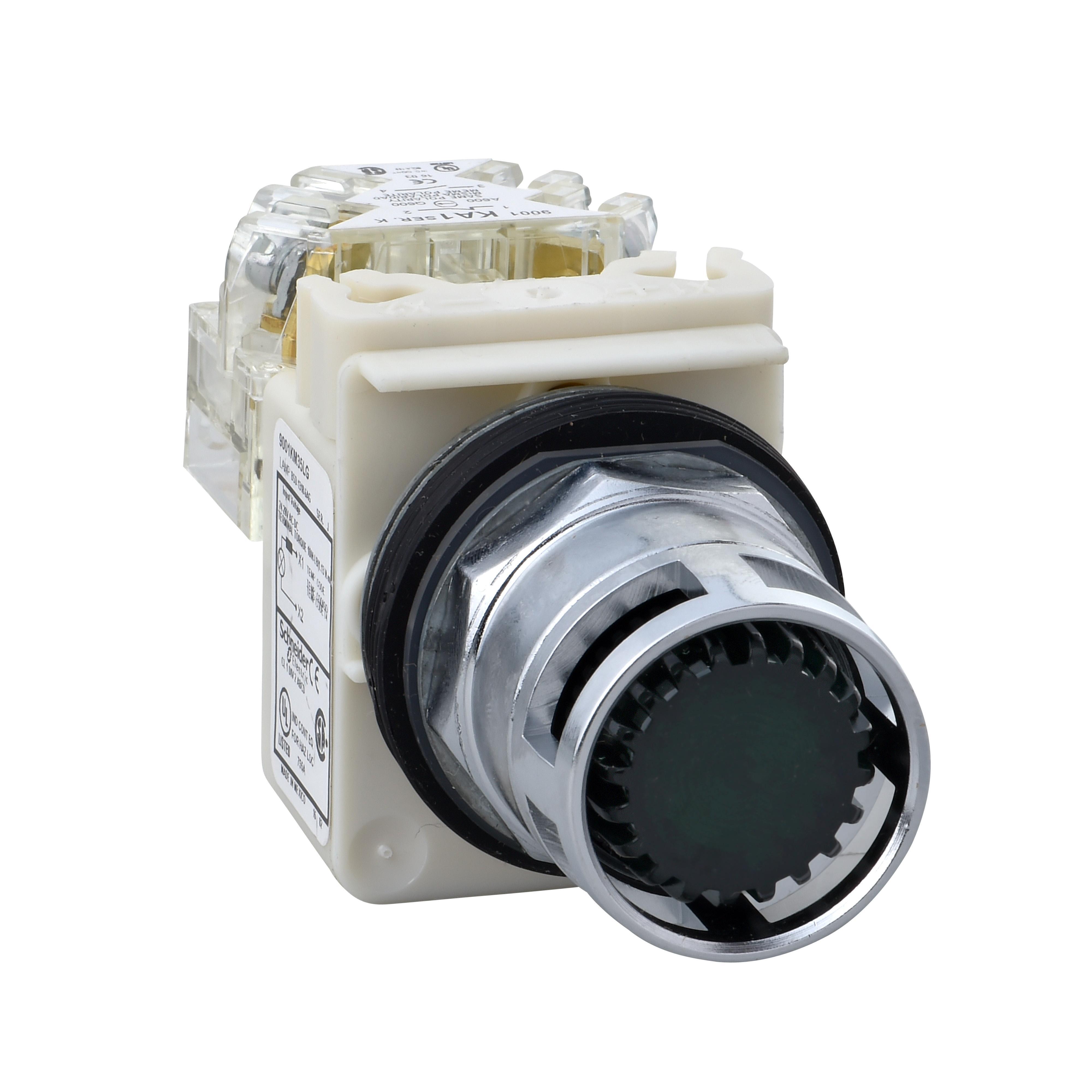 Schneider Electric Square D™ Harmony™ 9001K3L38LGGH13 Heavy Duty Illuminated Standard Round Type K Unmarked Pushbutton With Metallic Extended Guard and Contact Block, 1.18 in, 1NO-1NC Contact, Slow Break Contact, Green