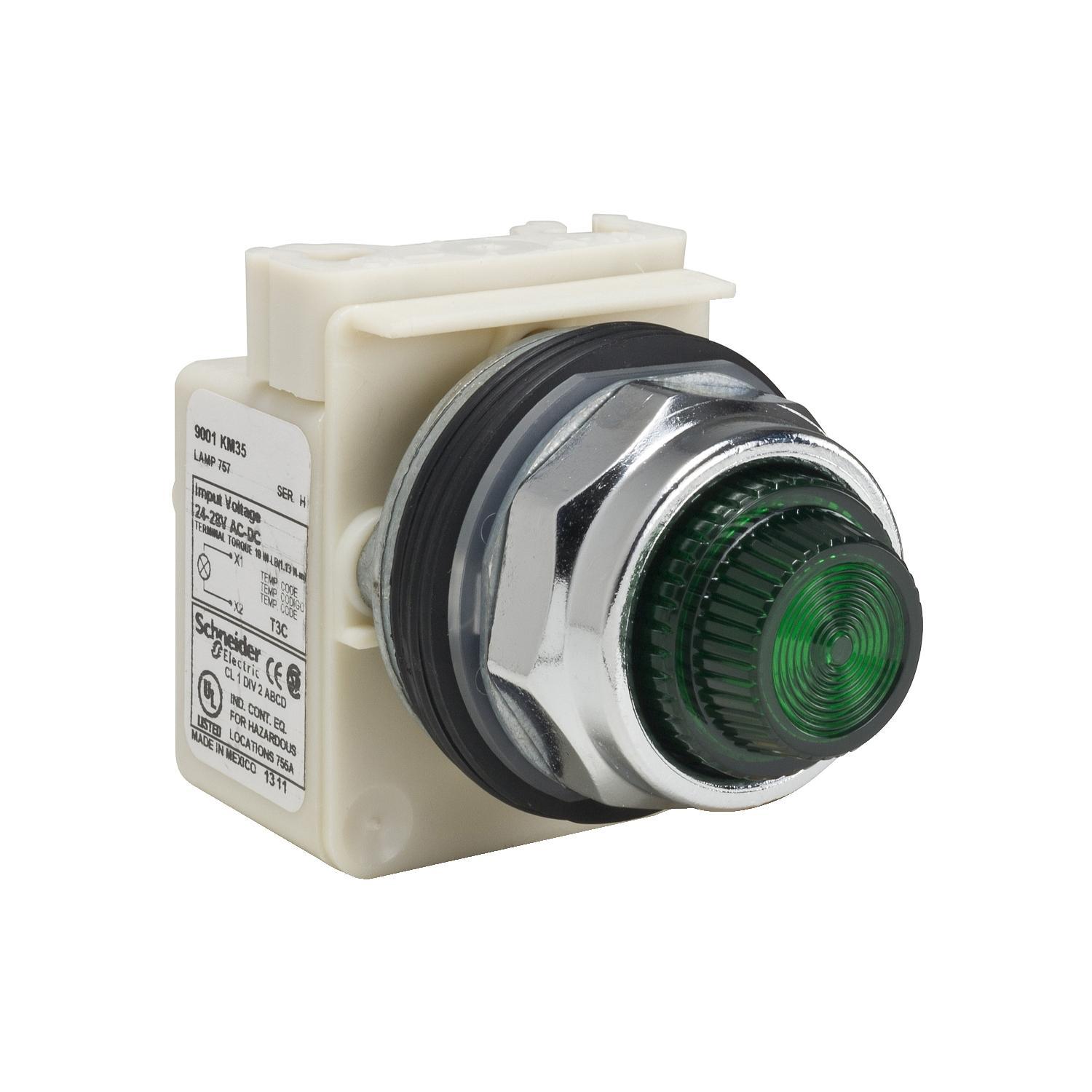 Schneider Electric Harmony™ Square D™ 9001KP35G31 Type K Full Voltage Standard Pilot Light, 24 to 28 V AC/DC, Fresnel Lens, Panel Mount
