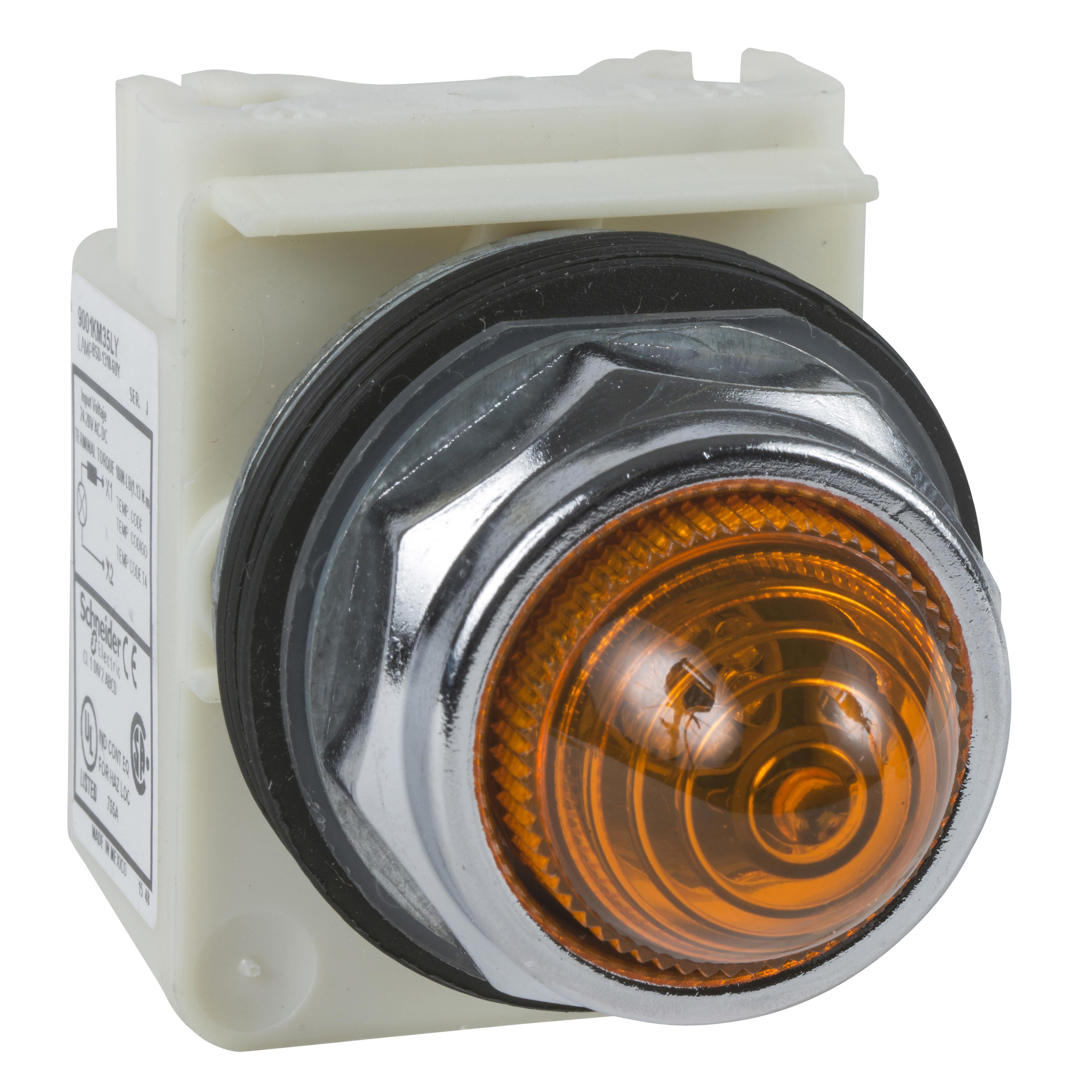 Schneider Electric Harmony™ Square D™ 9001KP35LYA9 Type K Standard Pilot Light, 24 to 28 V AC/DC, 0.28 VA, Domed Lens, Panel Mount