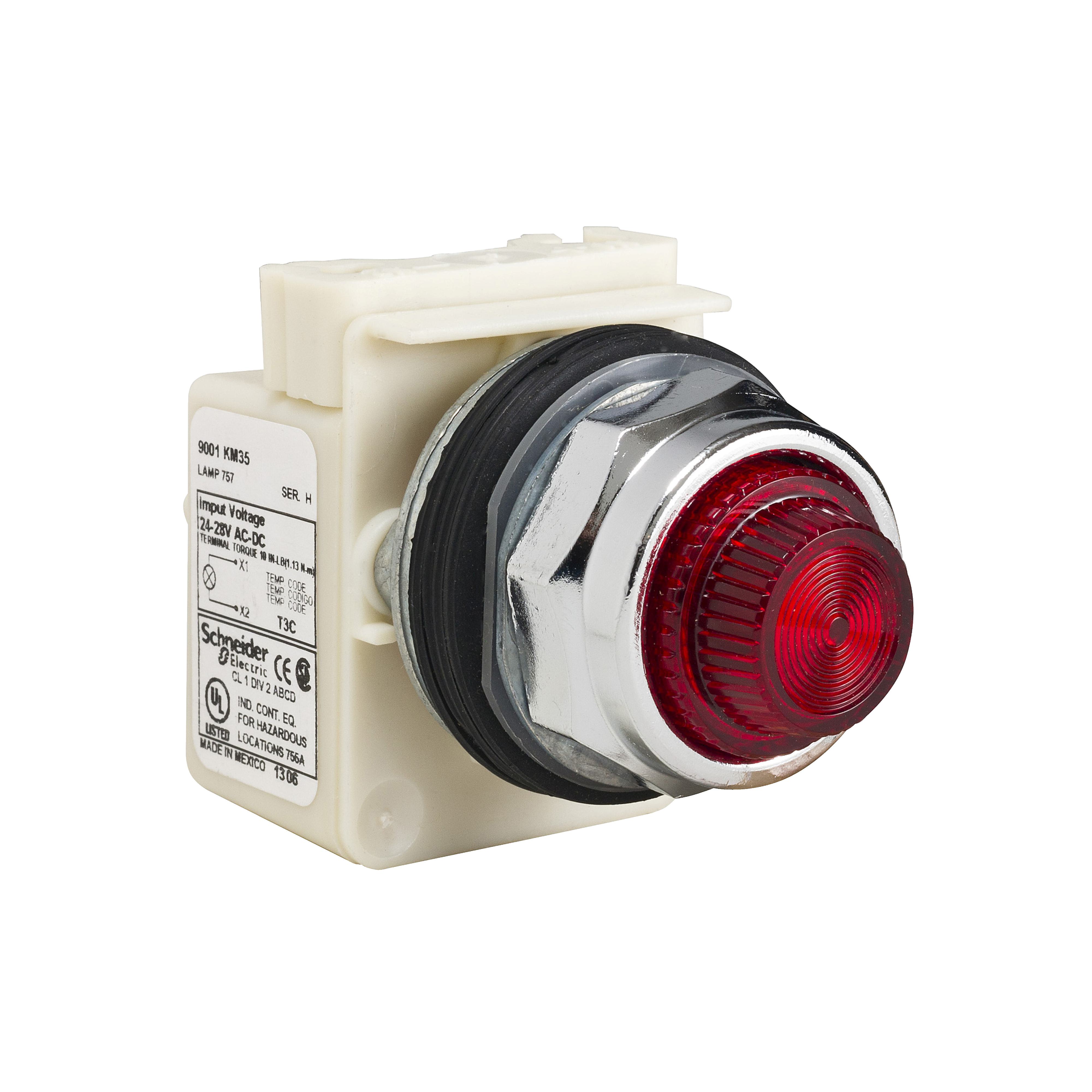 Schneider Electric Square D™ Harmony™ 9001KP35R31 Full Voltage Standard Type K Pilot Light, 24 to 28 V AC/DC, 1.2 VA, Fresnel Lens, Panel Mount