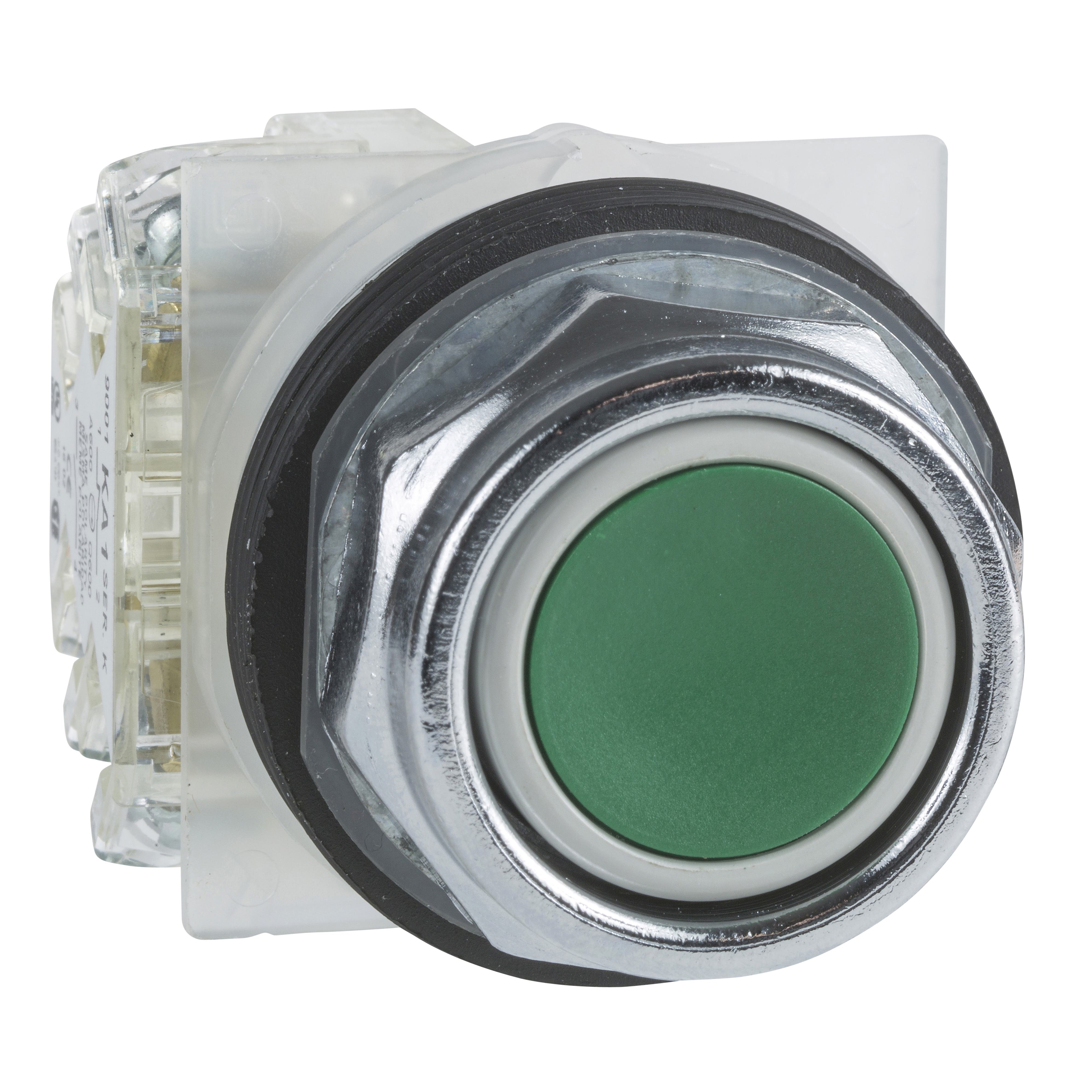 Schneider Electric 9001KR1GH5 9001KR Type K Standard Non-Illuminated Pushbutton, 30 mm, 1NO Contact, Flush Operator, Green