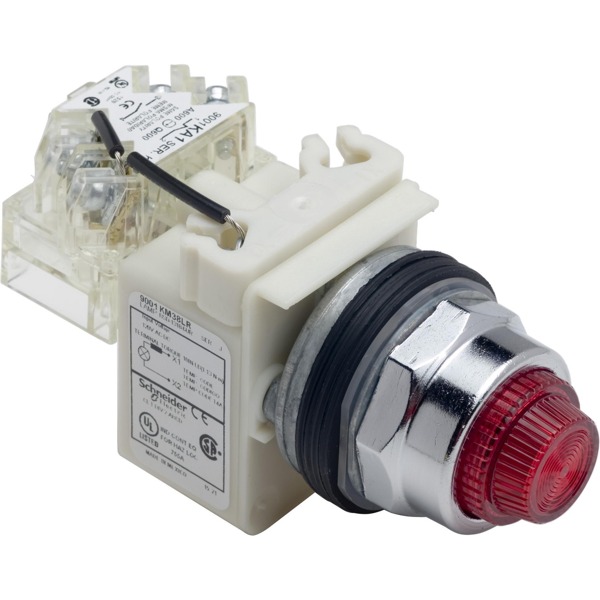 Schneider Electric Harmony™ 9001KT38LRR31 Type K Pilot Light, 120 V AC/DC, 0.55 A, 1.4 VA, Fresnel Lens, Panel Mount