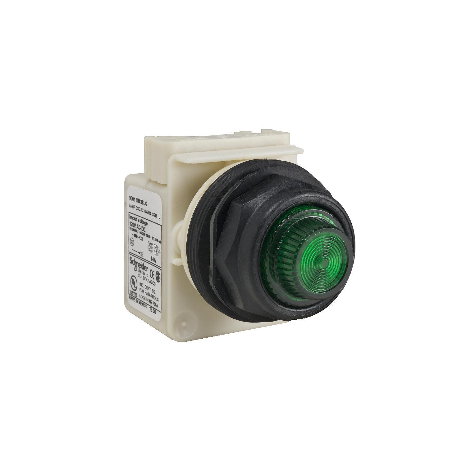 Schneider Electric Harmony™ Square D™ 9001SKP38LGG31 Type SK Pilot Light, 120 V AC/DC, Fresnel Glass Lens, Panel Mount