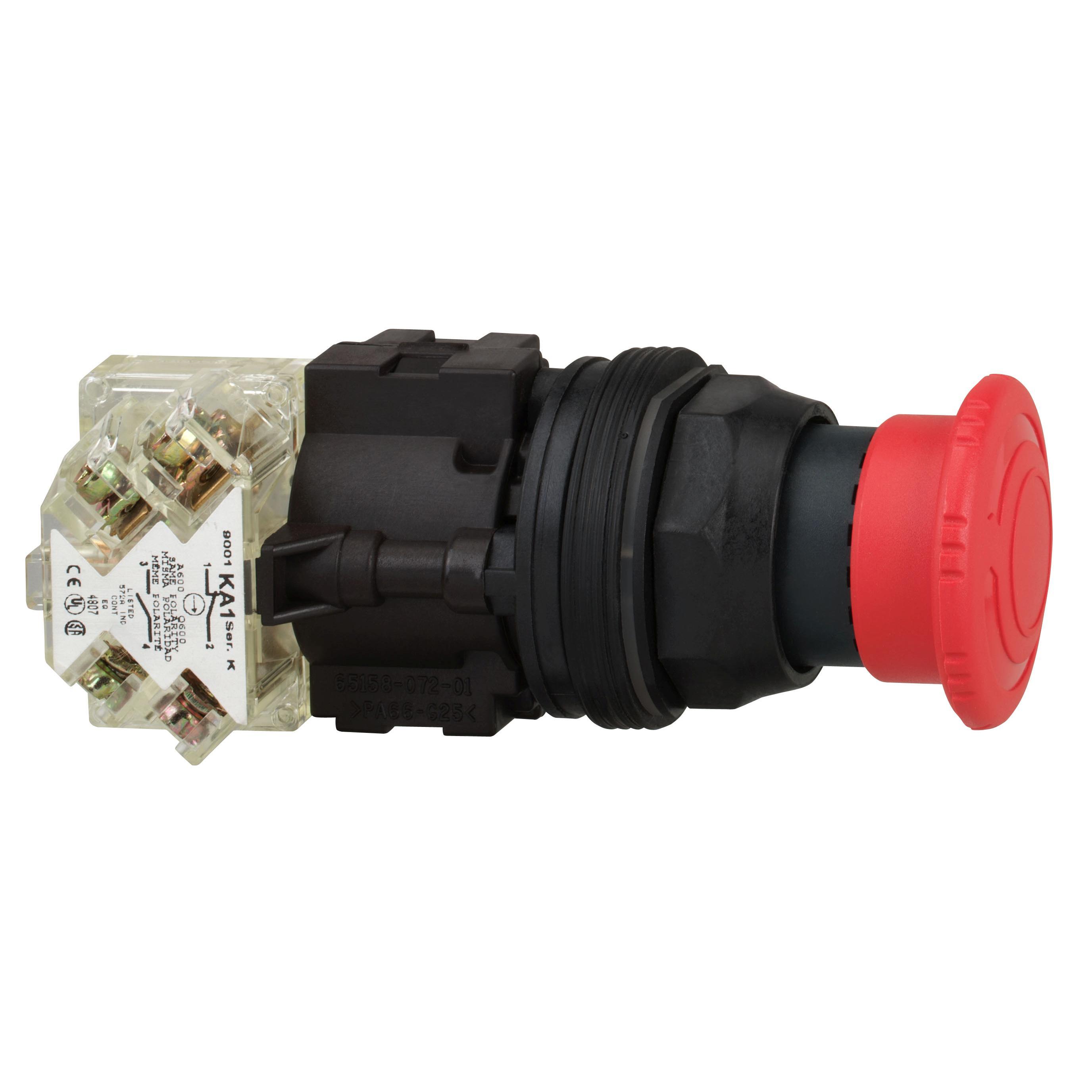 Schneider Electric Harmony™ Square D™ 9001SKR16H13 Complete Pushbutton, 30 mm, 1NO-1NC Contact, Mushroom Head Operator, Red