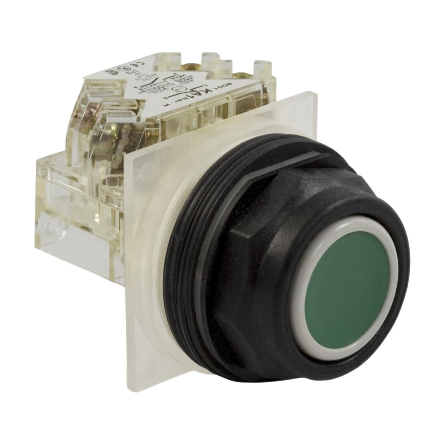 Schneider Electric 9001SKR1GH13 9001SK Type SK Round Corrosion-Resistant Dusttight/Oiltight/Watertight Unmarked Non-Illuminated Pushbutton, 30 mm, 1NO-1NC Contact, Slow Break Contact, Green