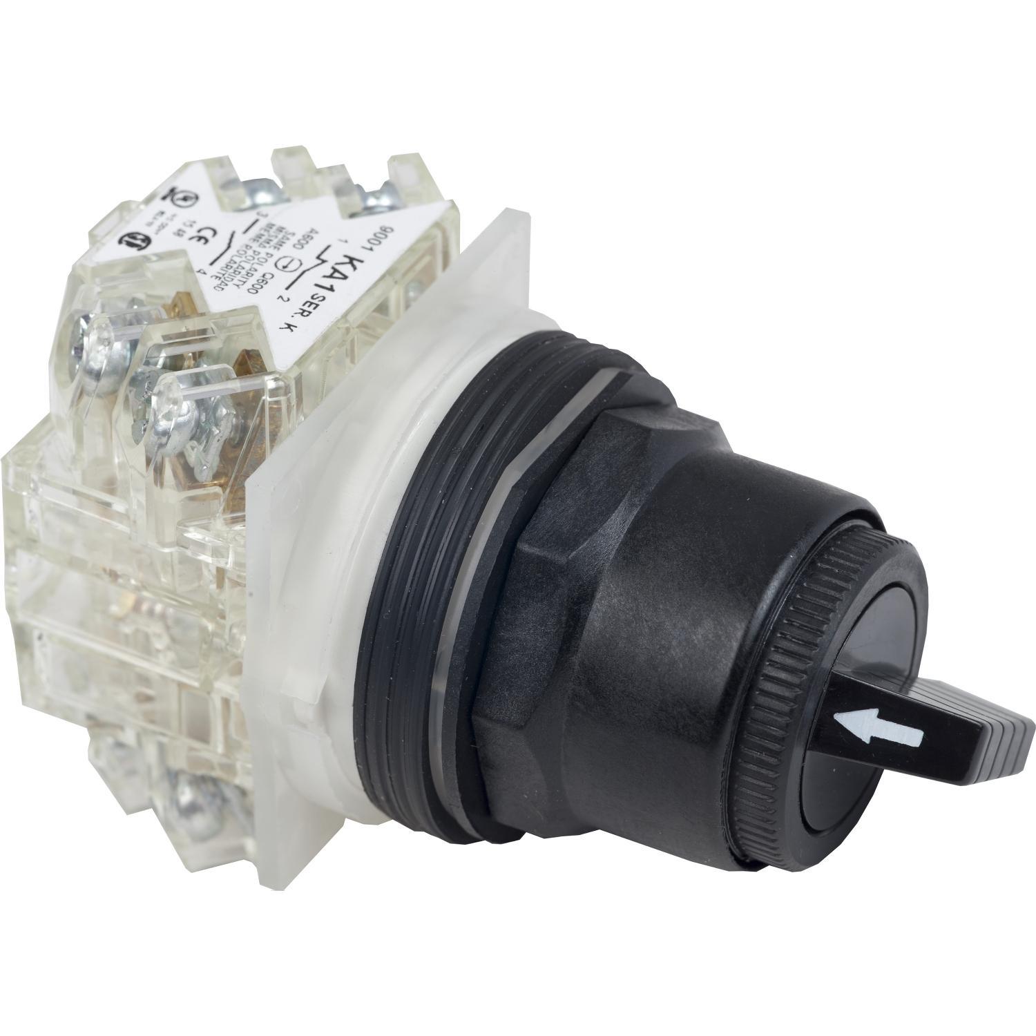 Schneider Electric Harmony™ 9001SKS11BH2 Heavy Duty Non-Illuminated Round Type SK Selector Switch, 1.18 in, 2NO-2NC Contact, Slow Break Contact, Knob Operator, Black