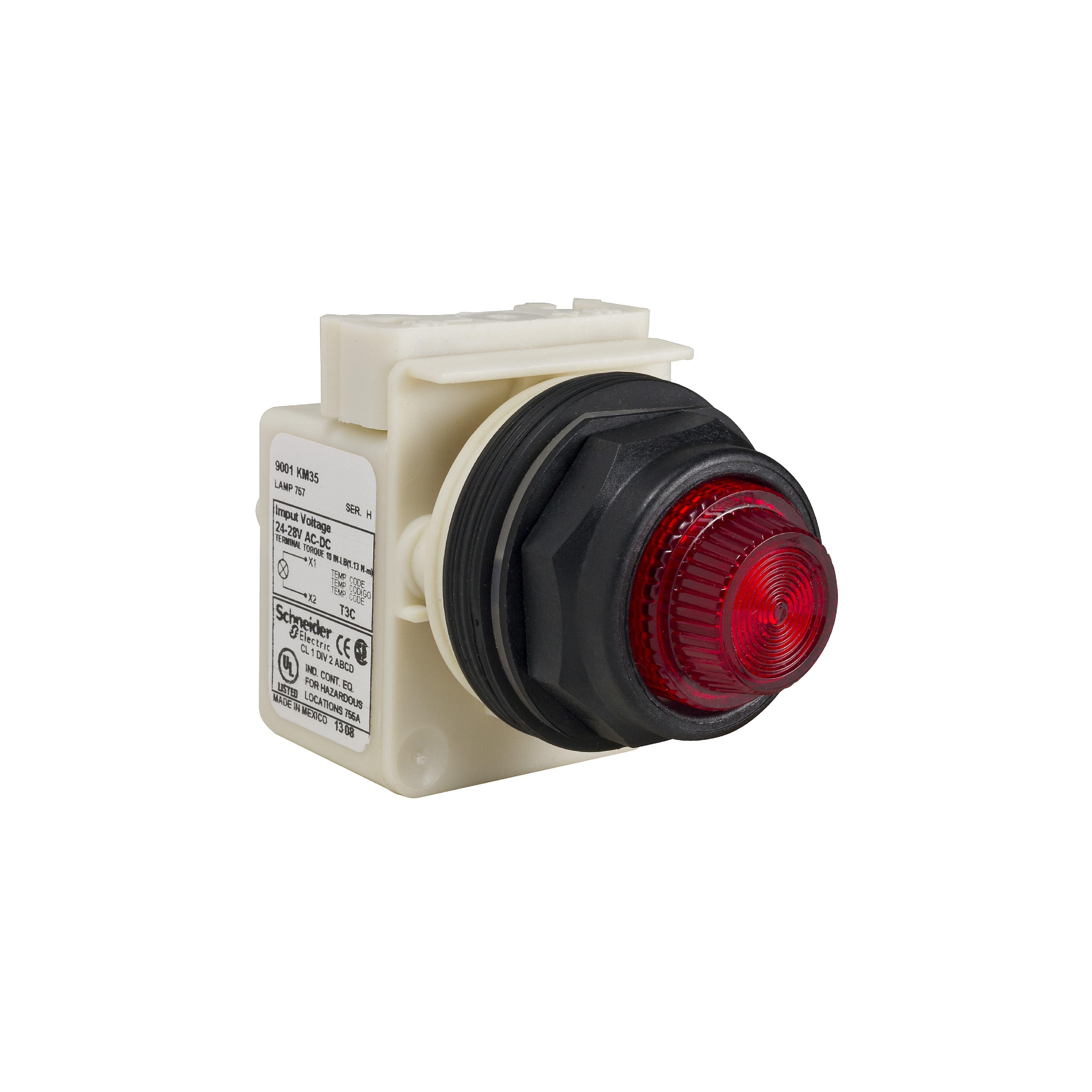 Schneider Electric Harmony™ 9001SKT38LRR31 Type SK Pilot Light, 120 V AC/DC, 0.55 A, 1.4 VA, Fresnel Lens, Panel Mount