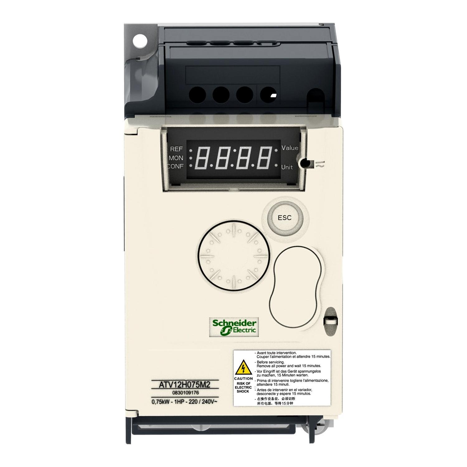 Schneider Electric Altivar™ 12 Square D™ ATV12H075M2 1-Phase AC Variable Speed Drive With Heat Sink, 200 to 240/230 V AC, 4.2 A, 1 hp, 2.83 in W x 5.17 in D