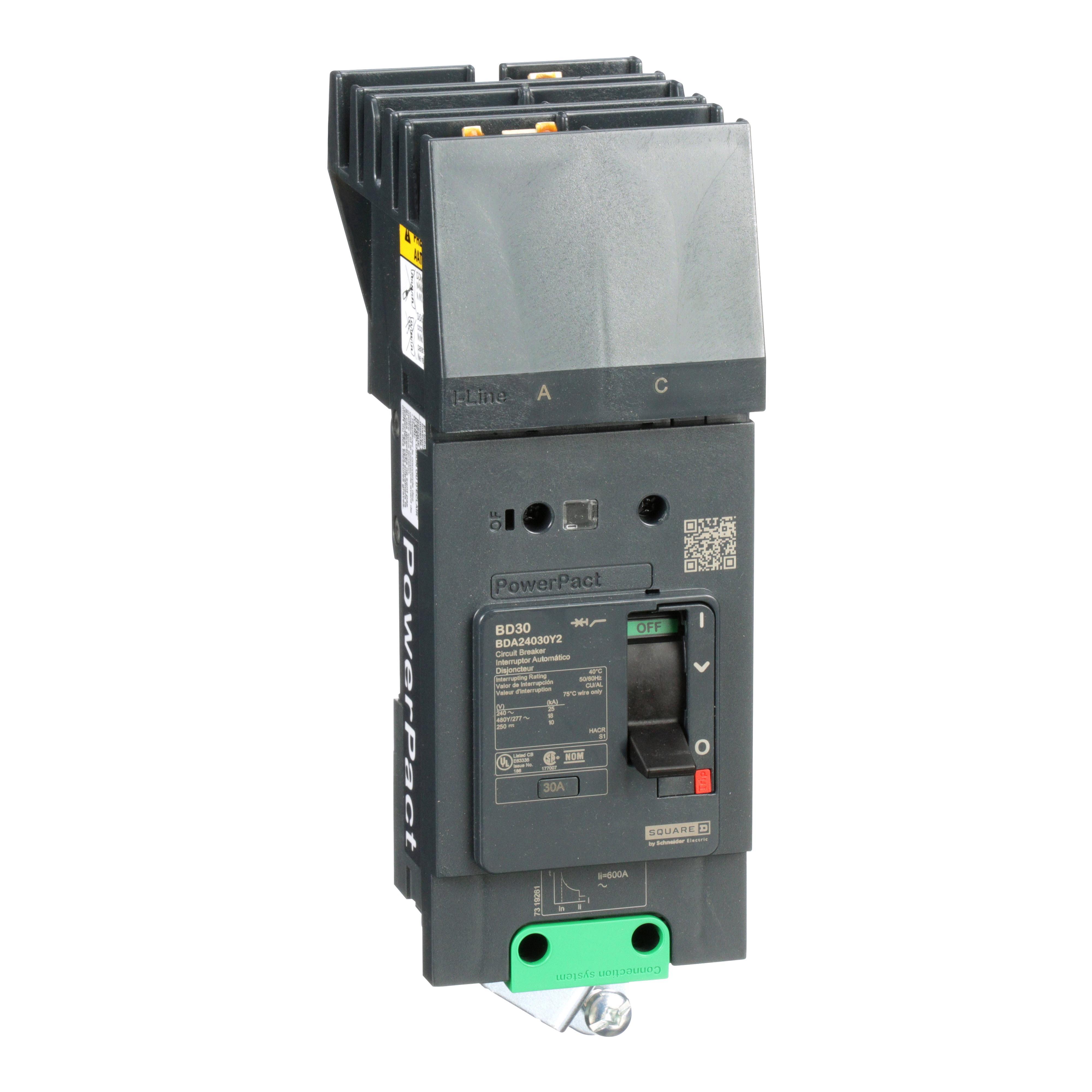 Schneider Electric I-Line™ PowerPact™ BDA24030Y2 Molded Case Circuit Breaker, 600Y/347 V AC, 20 A, 25 kA at 240 V AC, 18 kA at 480 V AC, 14 kA at 600Y/347 V AC Interrupt, 2 Poles, Thermal Magnetic Trip