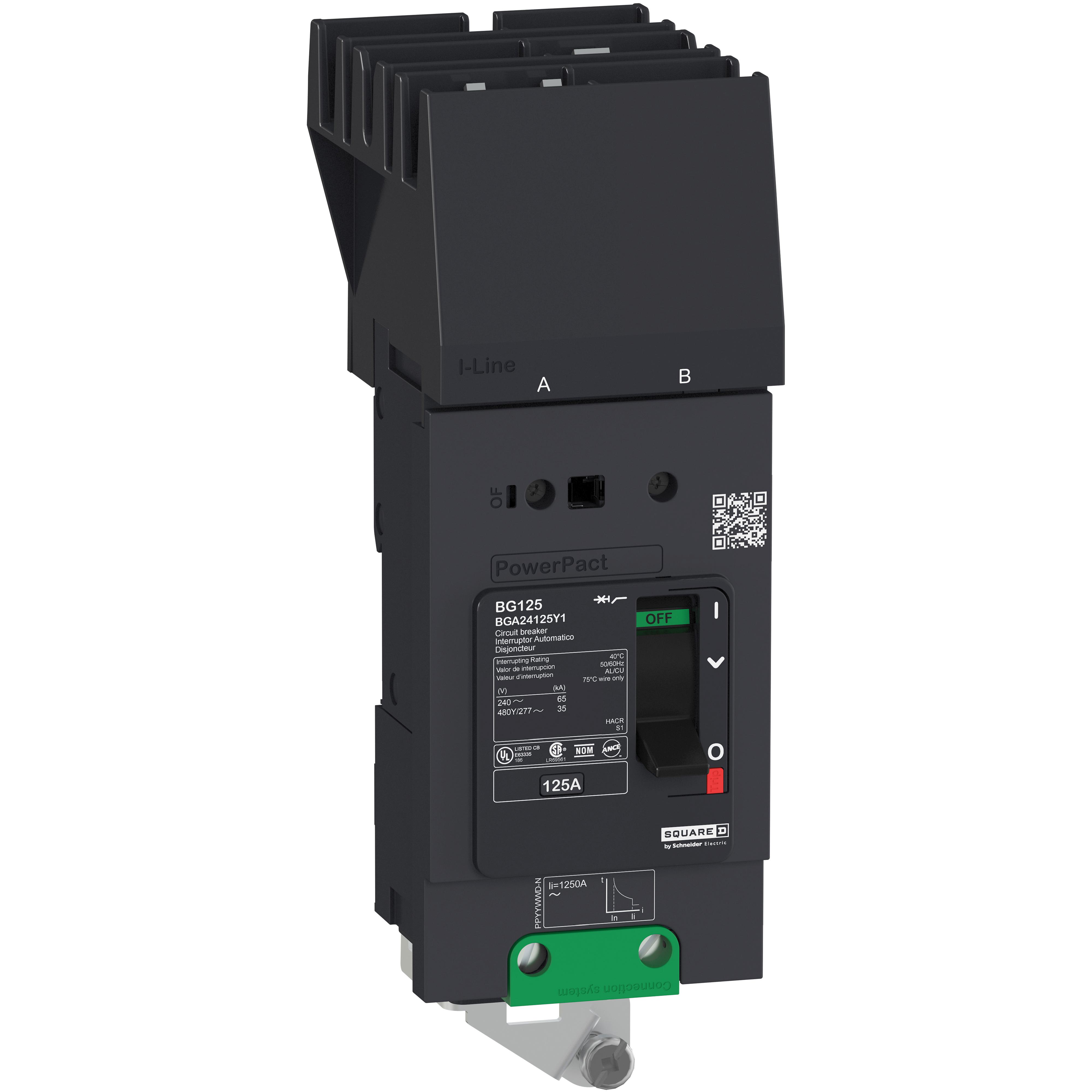 Schneider Electric I-Line™ PowerPact™ BDA24100Y2 Molded Case Circuit Breaker, 480Y/277 V AC, 100 A, 25 kA at 240 V AC, 18 kA at 480 V AC, 14 kA at 600Y/347 V AC Interrupt, 2 Poles, Thermal Magnetic Trip