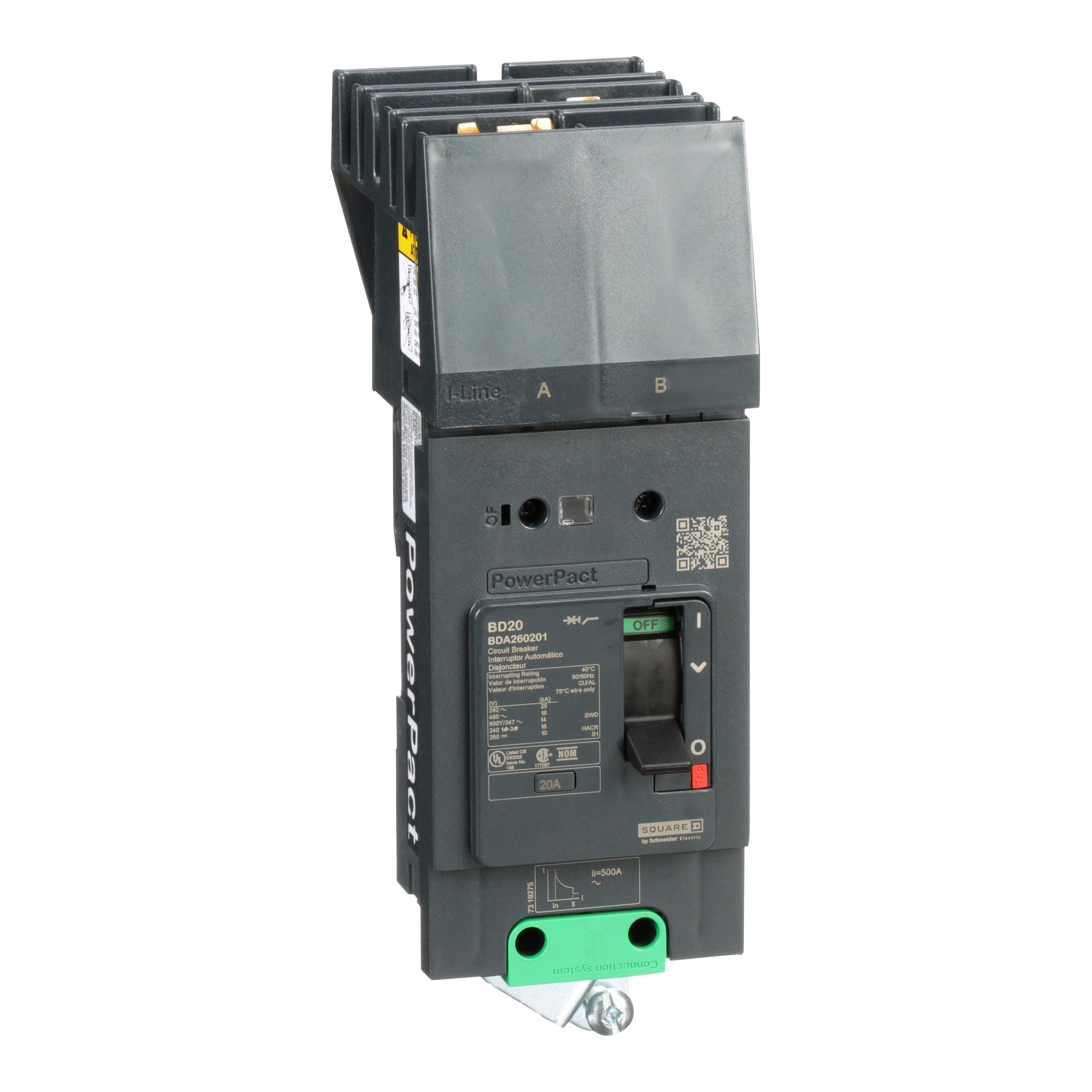 Schneider Electric I-Line™ PowerPact™ BDA260201 Molded Case Circuit Breaker, 600Y/347 V AC, 20 A, 25 kA at 240 V AC, 18 kA at 480 V AC, 14 kA at 600Y/347 V AC Interrupt, 2 Poles, Thermal Magnetic Trip