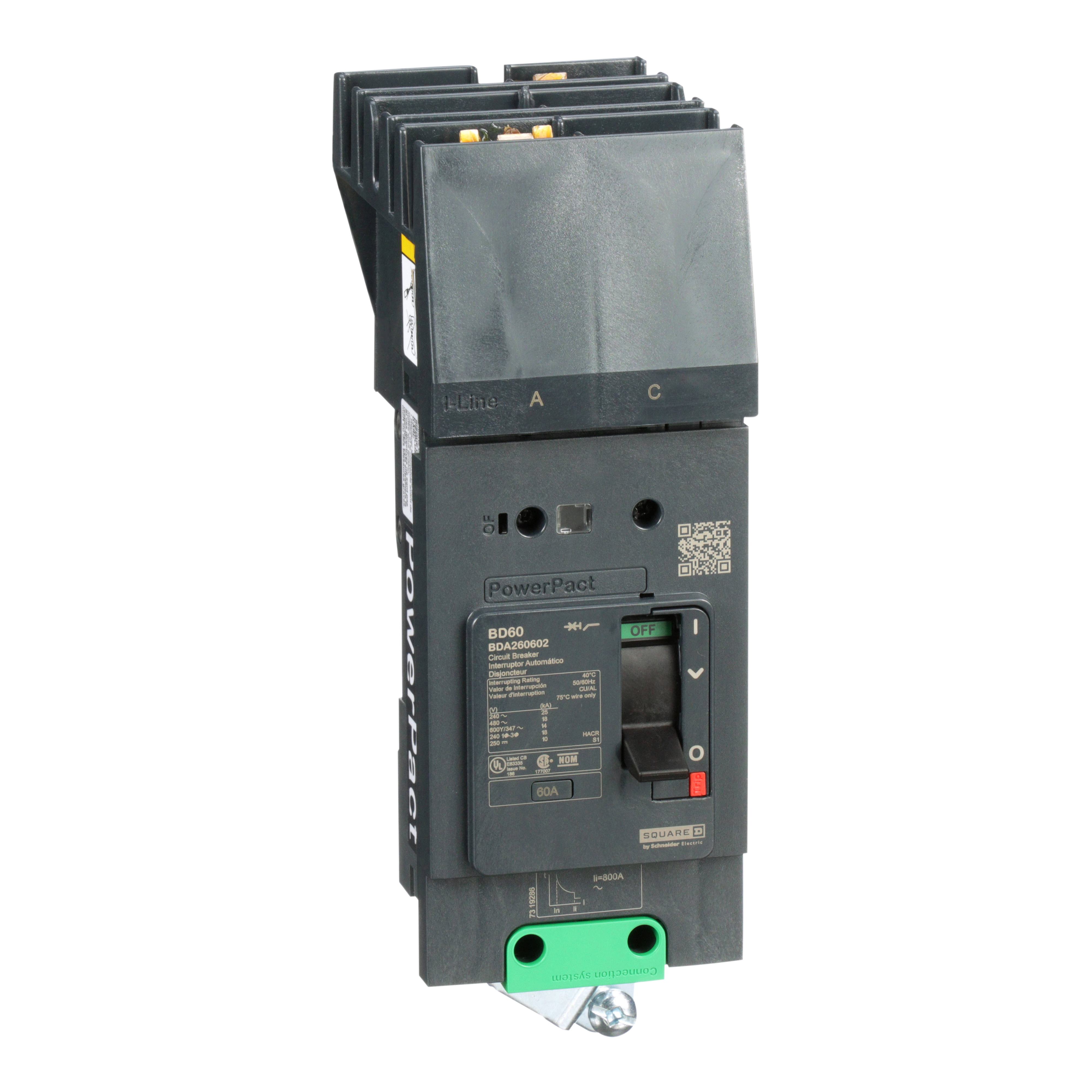 Schneider Electric I-Line™ PowerPact™ BDA260602 Molded Case Circuit Breaker, 600Y/347 V AC, 60 A, 25 kA at 240 V AC, 18 kA at 480 V AC, 14 kA at 600Y/347 V AC Interrupt, 2 Poles, Thermal Magnetic Trip