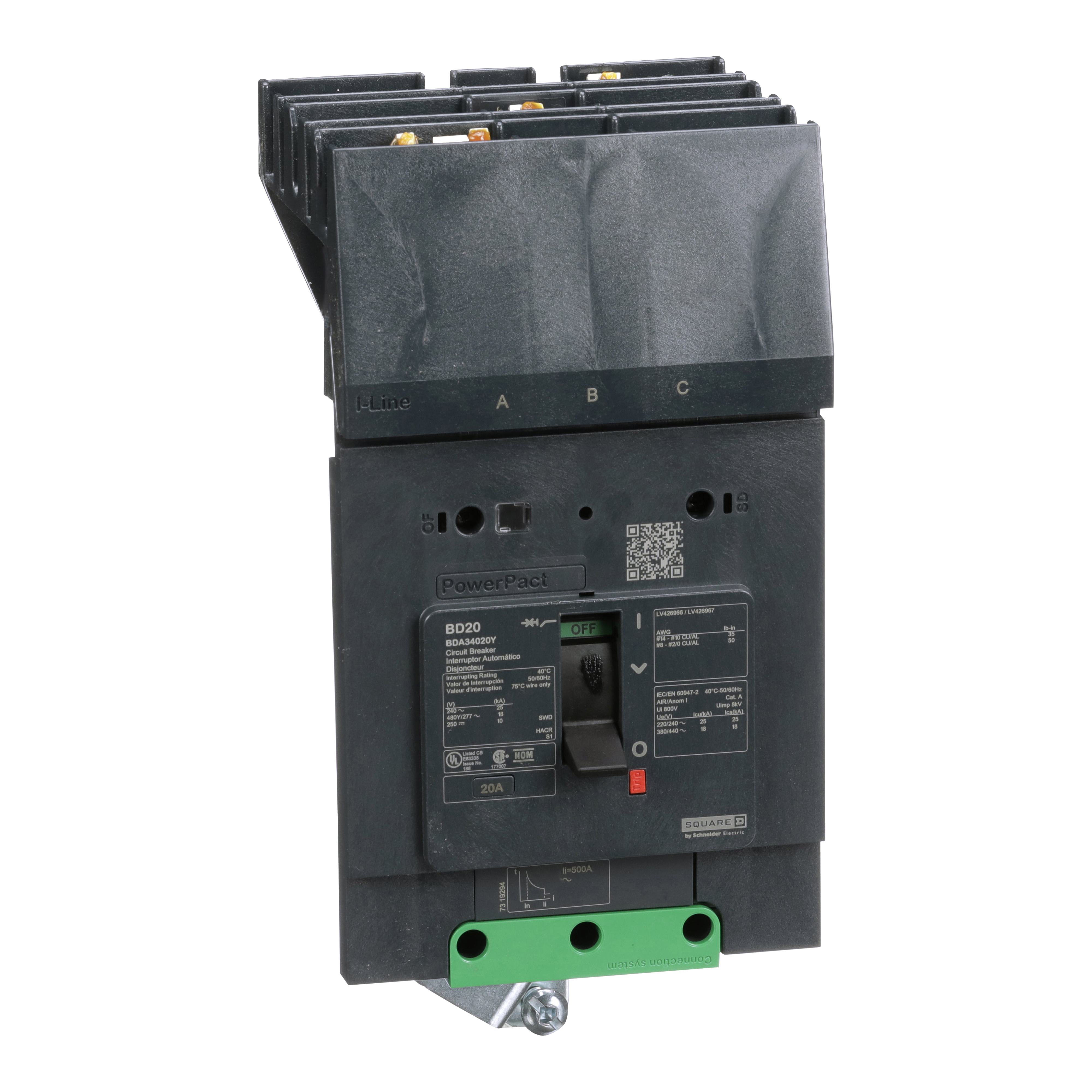 Schneider Electric PowerPact™ I-Line™ BDA34020Y Type BDA Molded Case Circuit Breaker, 480Y/277 V AC, 20 A, 18 kA Interrupt, 3 Poles, Thermal Magnetic Trip