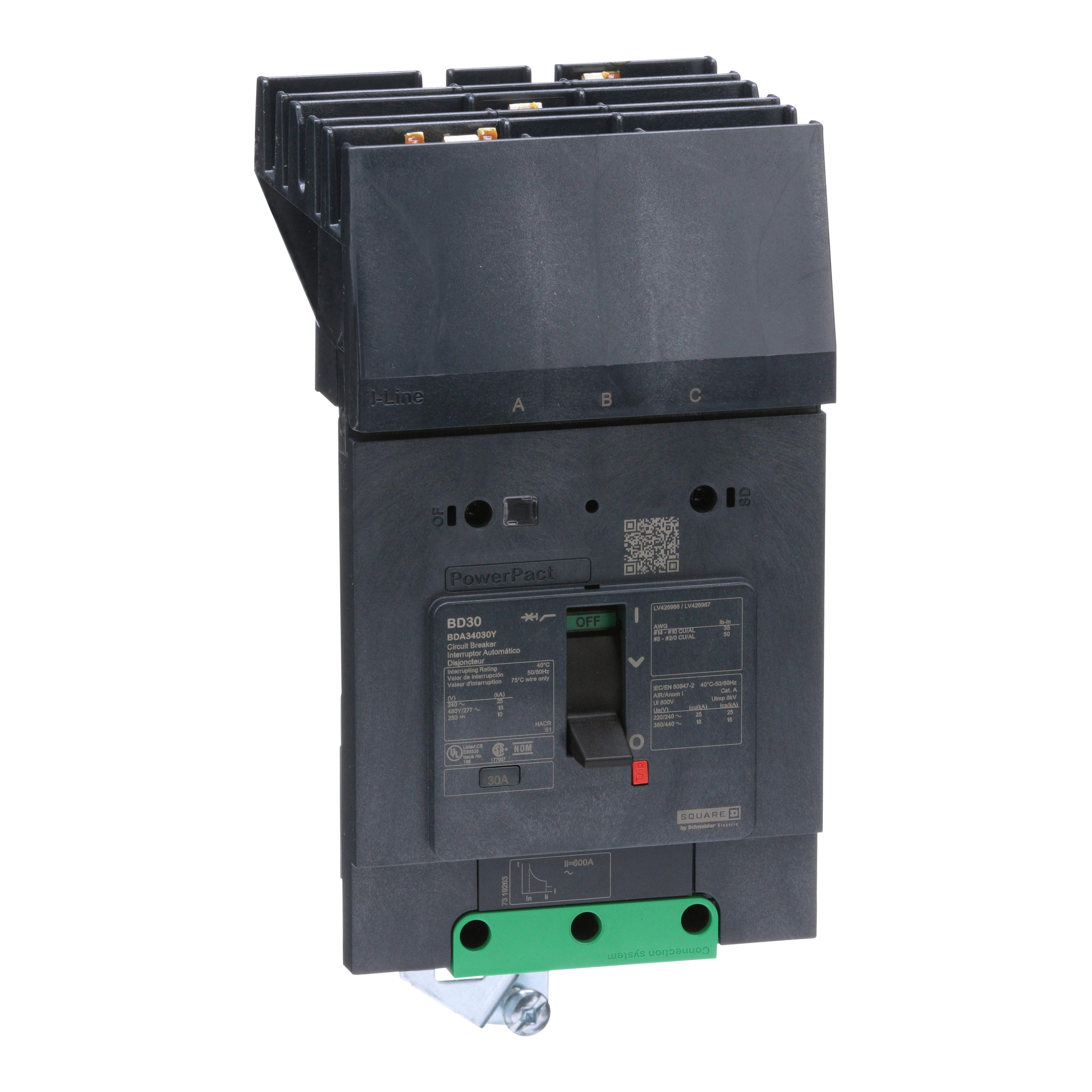 Schneider Electric I-Line™ PowerPact™ BDA34030Y Molded Case Circuit Breaker, 480Y/277 V AC, 30 A, 14/18/25 kA Interrupt, 3 Poles, Thermal Magnetic Trip