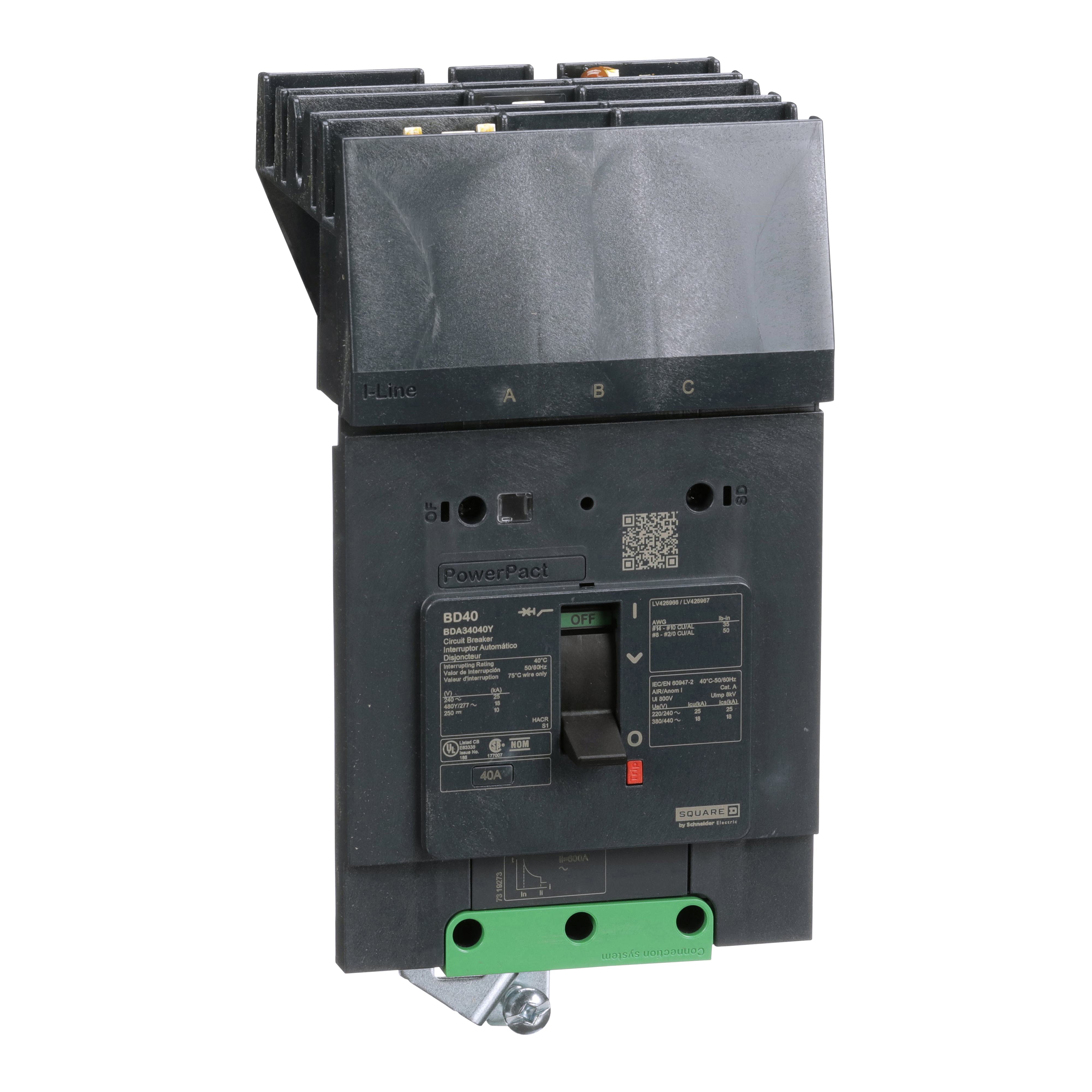 Schneider Electric I-Line™ PowerPact™ BDA34040Y Molded Case Circuit Breaker, 480Y/277 V AC, 40 A, 25 kA at 240 V AC, 18 kA at 480 V AC, 14 kA at 600Y/347 V AC Interrupt, 3 Poles, Thermal Magnetic Trip