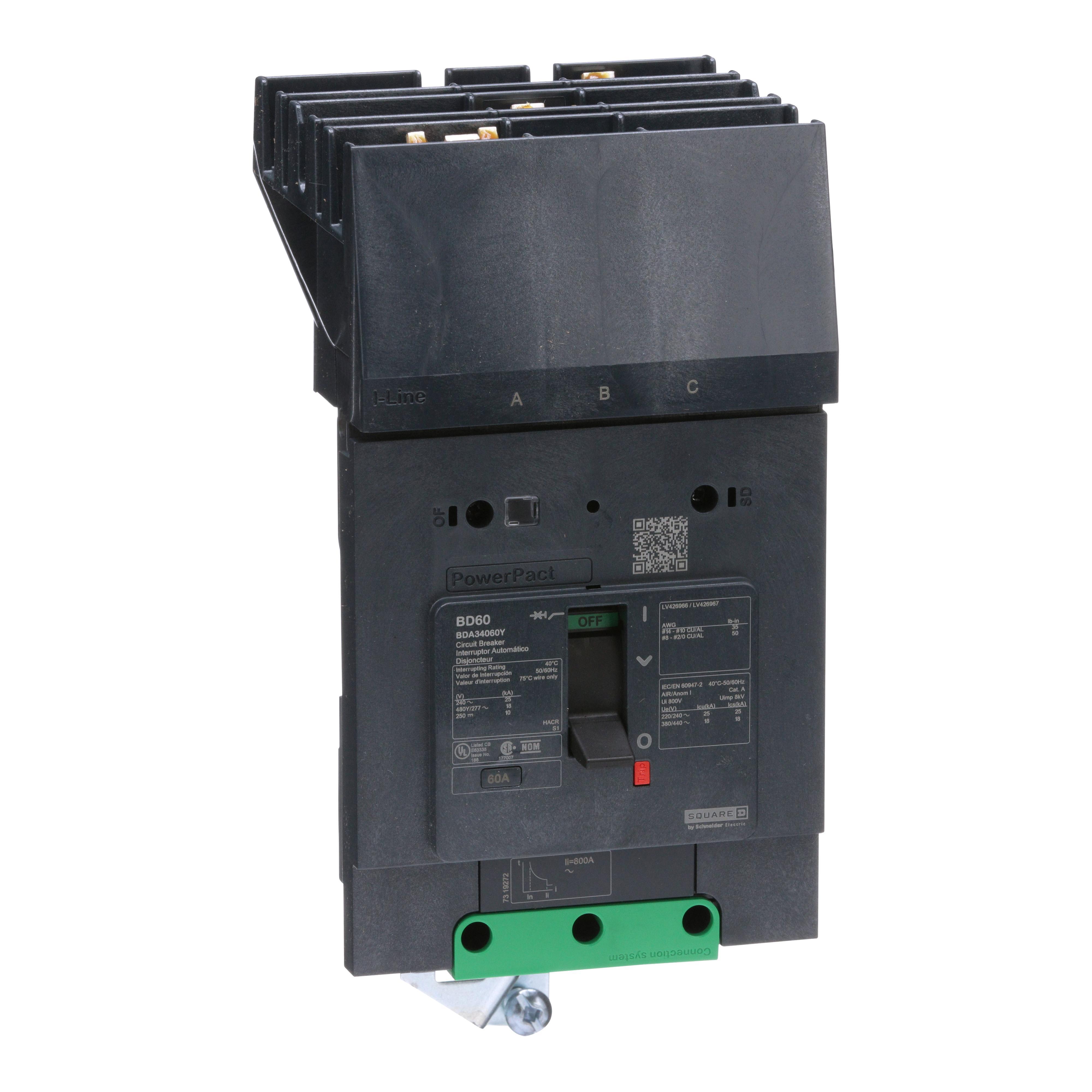 Schneider Electric I-Line™ PowerPact™ BDA34060Y Molded Case Circuit Breaker, 480Y/277 V AC, 40 A, 25 kA at 240 V AC, 18 kA at 480 V AC, 14 kA at 600Y/347 V AC Interrupt, 1 Poles, Thermal Magnetic Trip