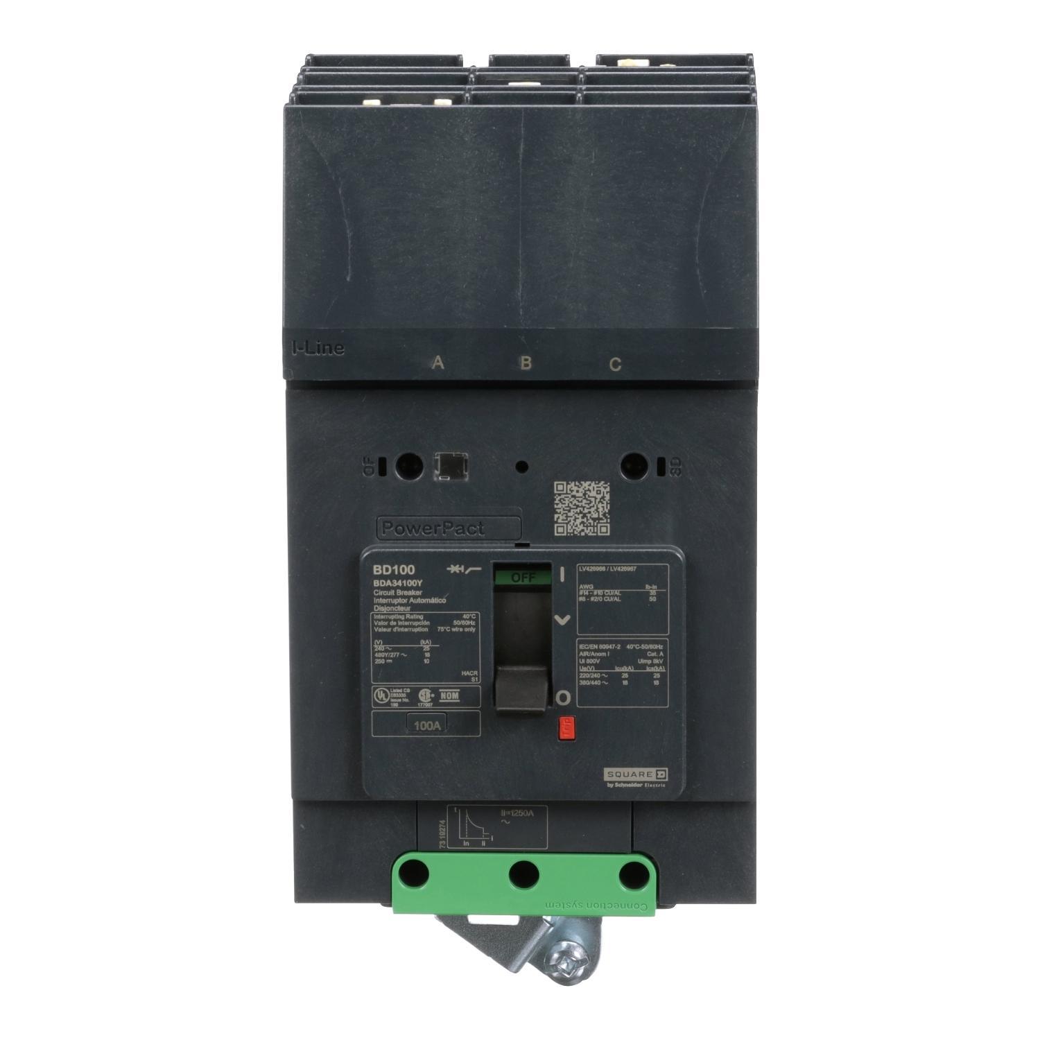 Schneider Electric PowerPact™ BDA34100Y Type BDA Molded Case Circuit Breaker, 480Y/277 VAC, 250 VDC, 100 A, 10/14/18/25 kA Interrupt, 3 Poles, Thermal Magnetic Trip