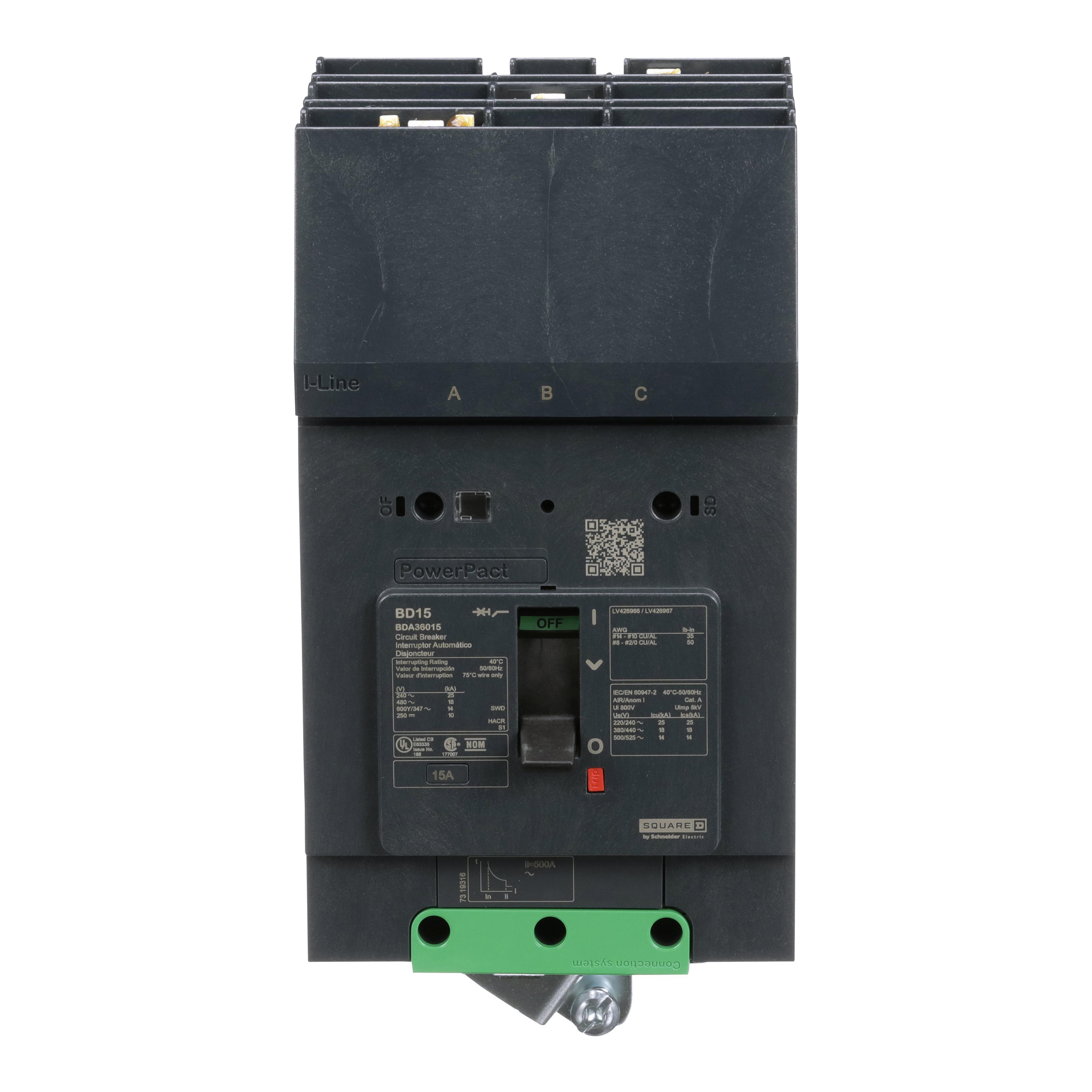 Schneider Electric I-Line™ PowerPact™ BDA36015 Molded Case Circuit Breaker, 600Y/347 V AC, 15 A, 25 kA at 240 V AC/18 kA at 480 V AC/14 kA at 600Y/347 V AC Interrupt, 3 Poles, Thermal Magnetic Trip
