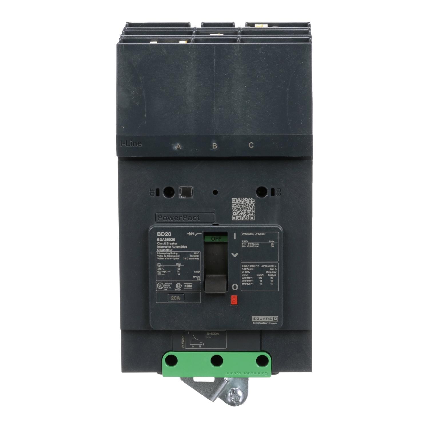 Schneider Electric PowerPact™ BDA36020 Type BDA Molded Case Circuit Breaker, 600Y/347 VAC, 250 VDC, 20 A, 10/14/18/25 kA Interrupt, 3 Poles, Thermal Magnetic Trip