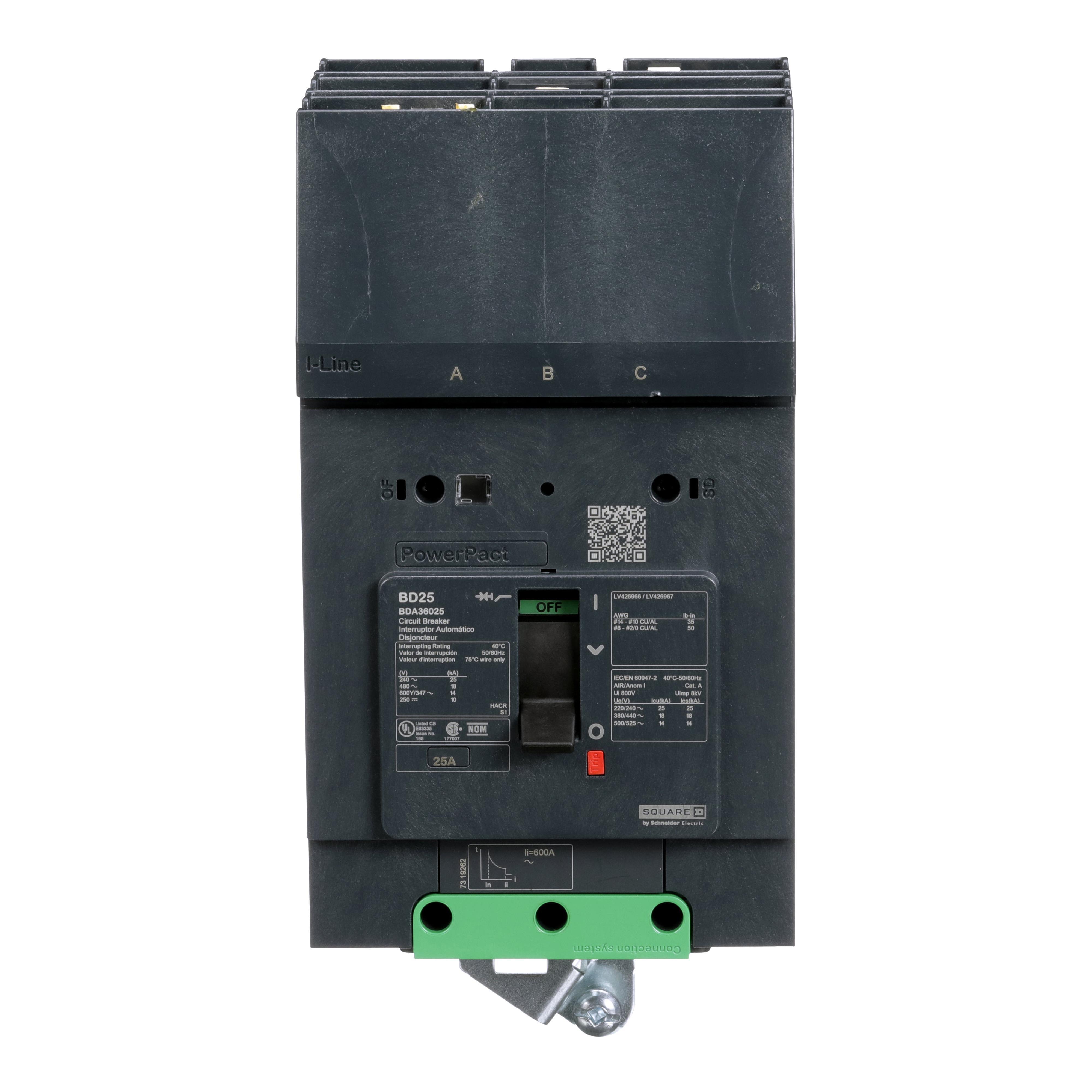 Schneider Electric I-Line™ PowerPact™ BDA36025 Molded Case Circuit Breaker, 600Y/347 V AC, 25 A, 25 kA at 240 V AC, 18 kA at 480 V AC, 14 kA at 600Y/347 V AC Interrupt, 3 Poles, Thermal Magnetic Trip