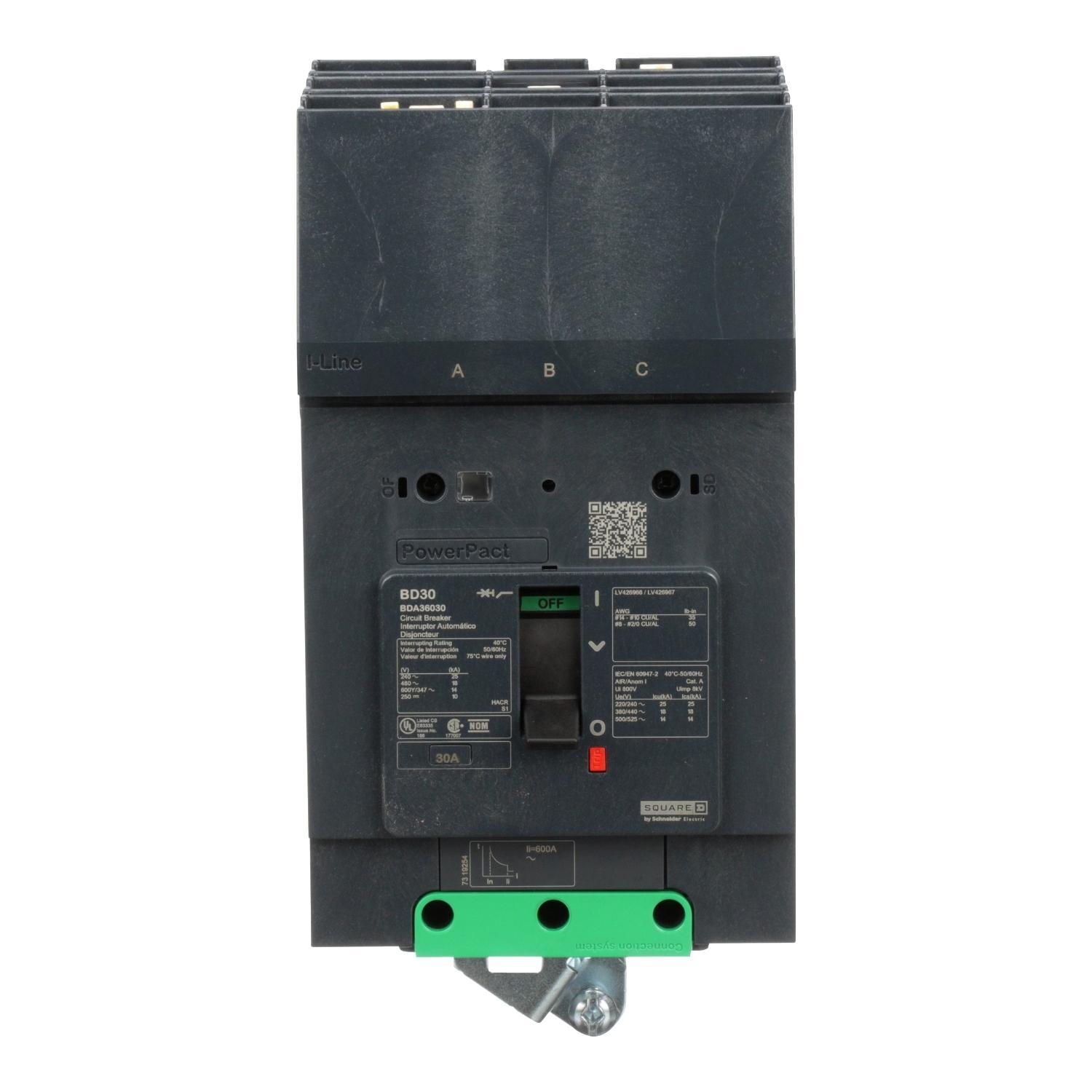 Schneider Electric PowerPact™ BDA36030 Type BDA Molded Case Circuit Breaker, 600Y/347 VAC, 250 VDC, 30 A, 10/14/18/25 kA Interrupt, 3 Poles, Thermal Magnetic Trip