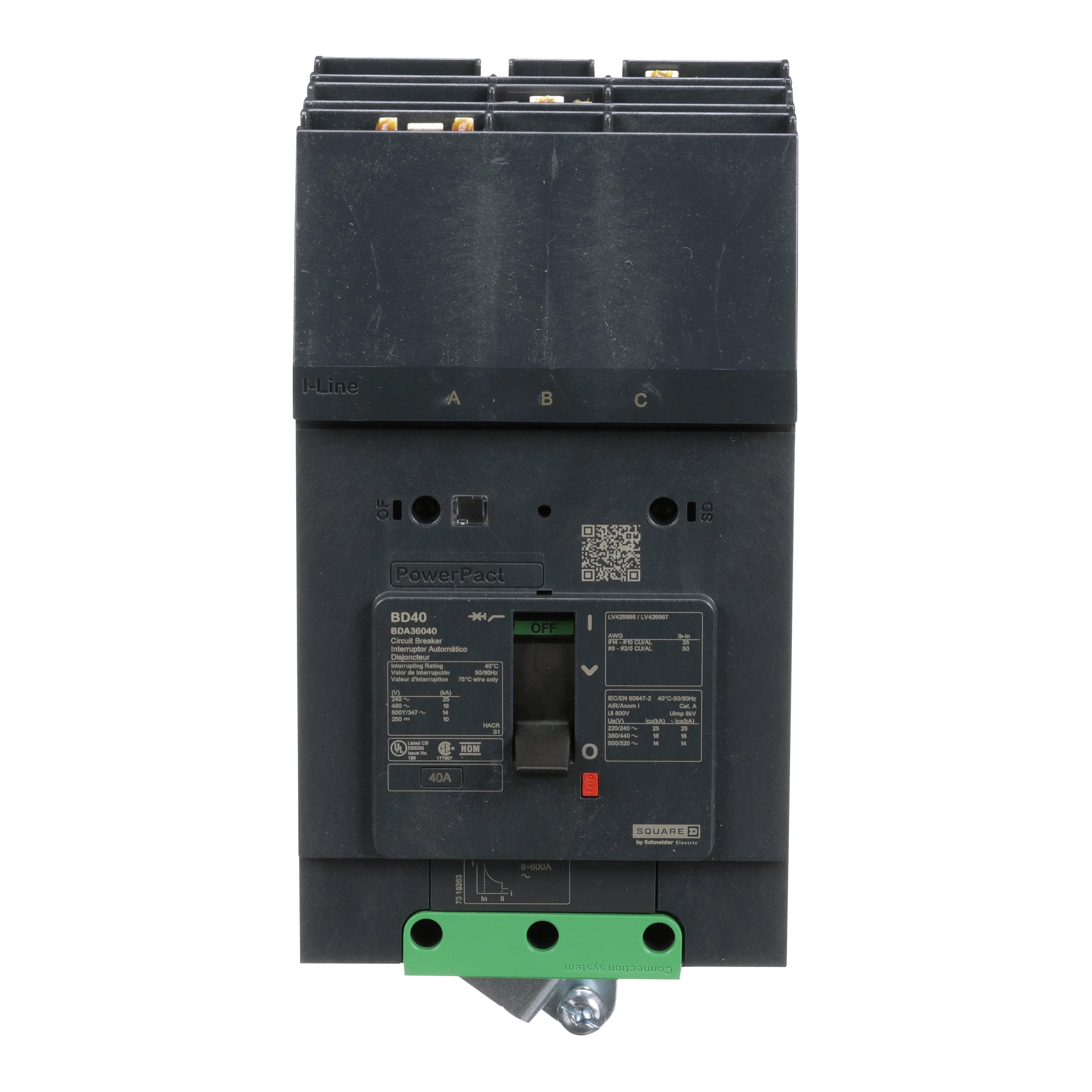 Schneider Electric I-Line™ PowerPact™ BDA36040 Molded Case Circuit Breaker, 600Y/347 V AC, 40 A, 25 kA at 240 V AC/18 kA at 480 V AC/14 kA at 600Y/347 V AC Interrupt, 3 Poles, Thermal Magnetic Trip