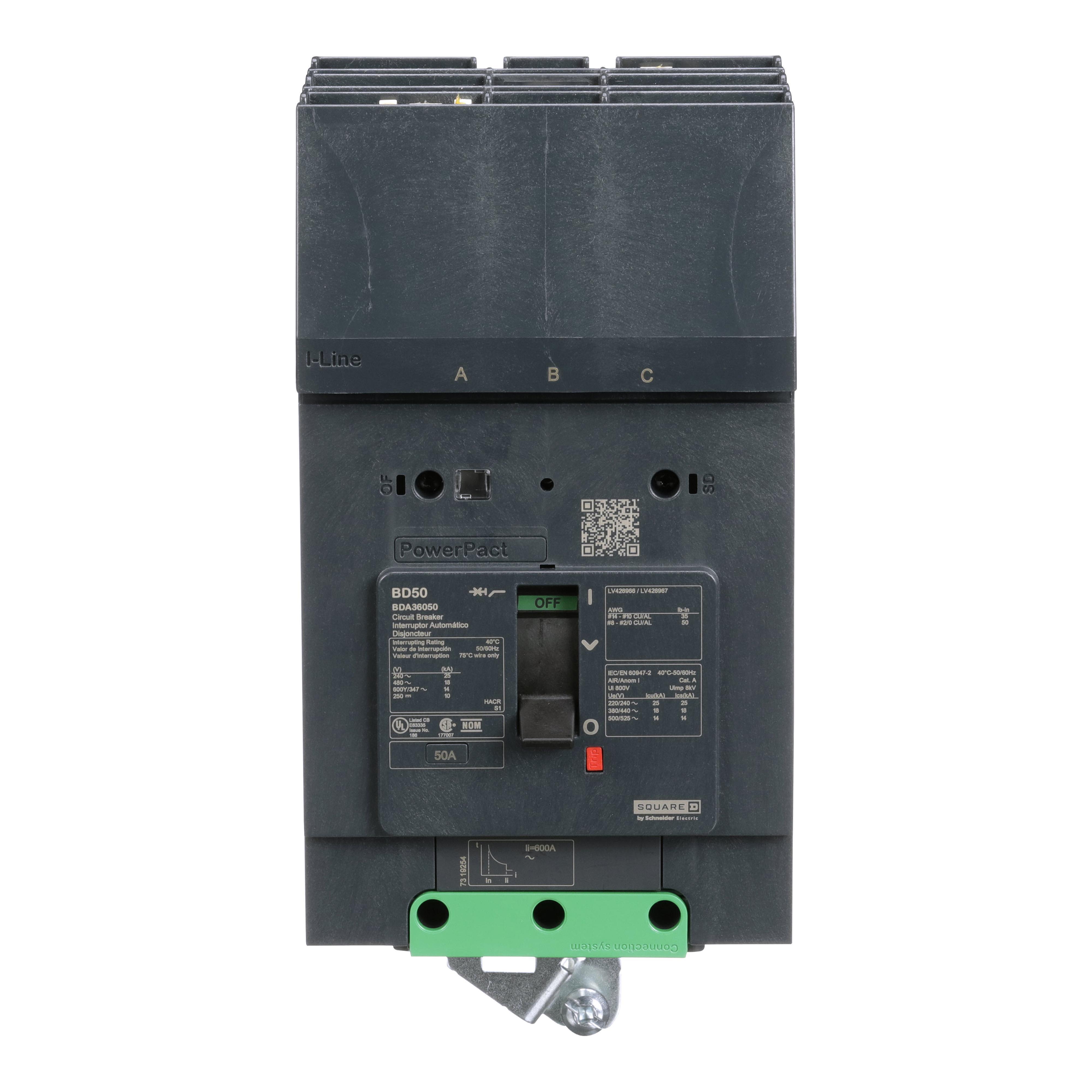 Schneider Electric I-Line™ PowerPact™ BDA36050 Molded Case Circuit Breaker, 600Y/347 V AC, 30 A, 25 kA at 240 V AC, 18 kA at 480 V AC, 14 kA at 600Y/347 V AC Interrupt, 2 Poles, Thermal Magnetic Trip