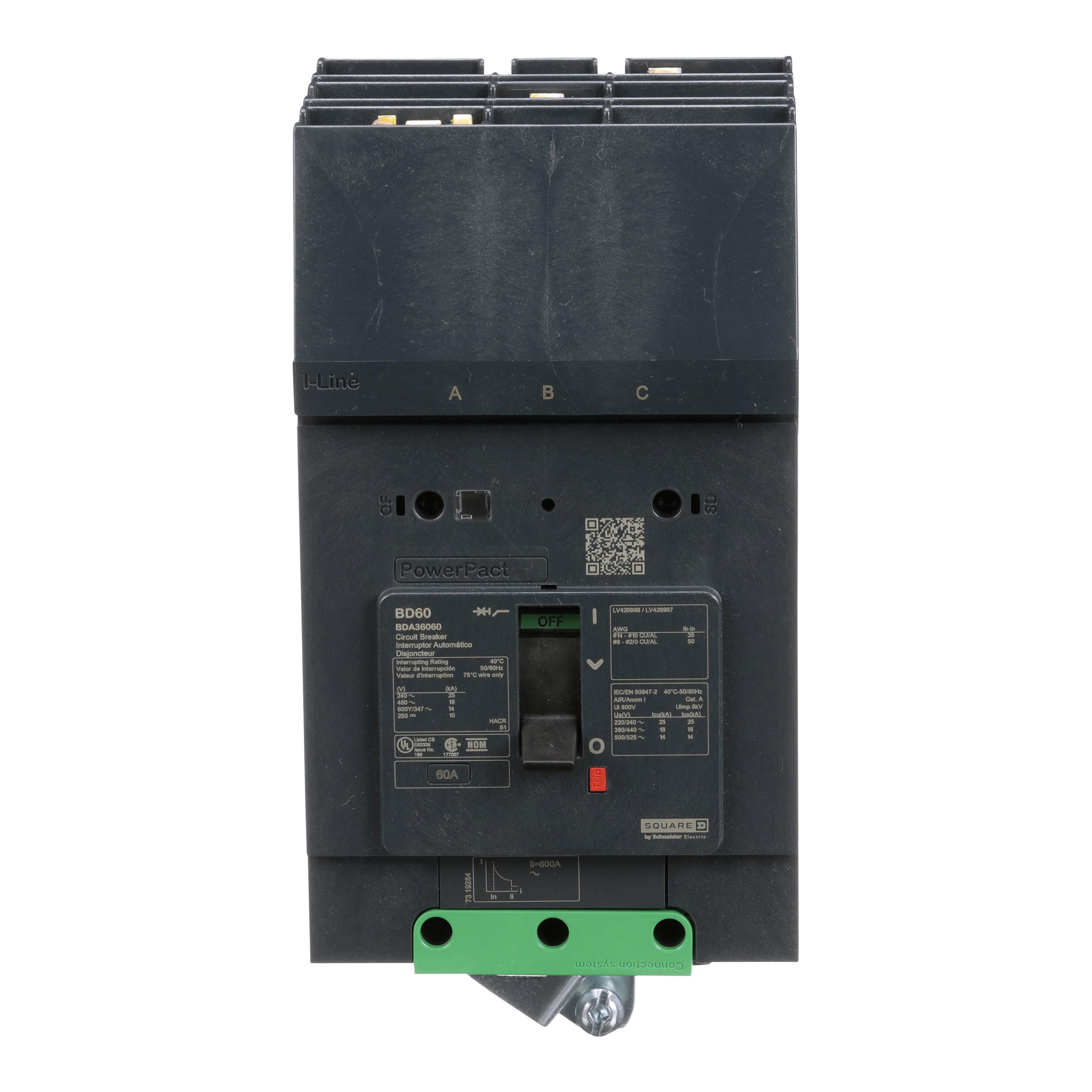 Schneider Electric PowerPact™ BDA36060 Type BDA Molded Case Circuit Breaker, 600Y/347 VAC, 250 VDC, 60 A, 10/14/18/25 kA Interrupt, 3 Poles, Thermal Magnetic Trip