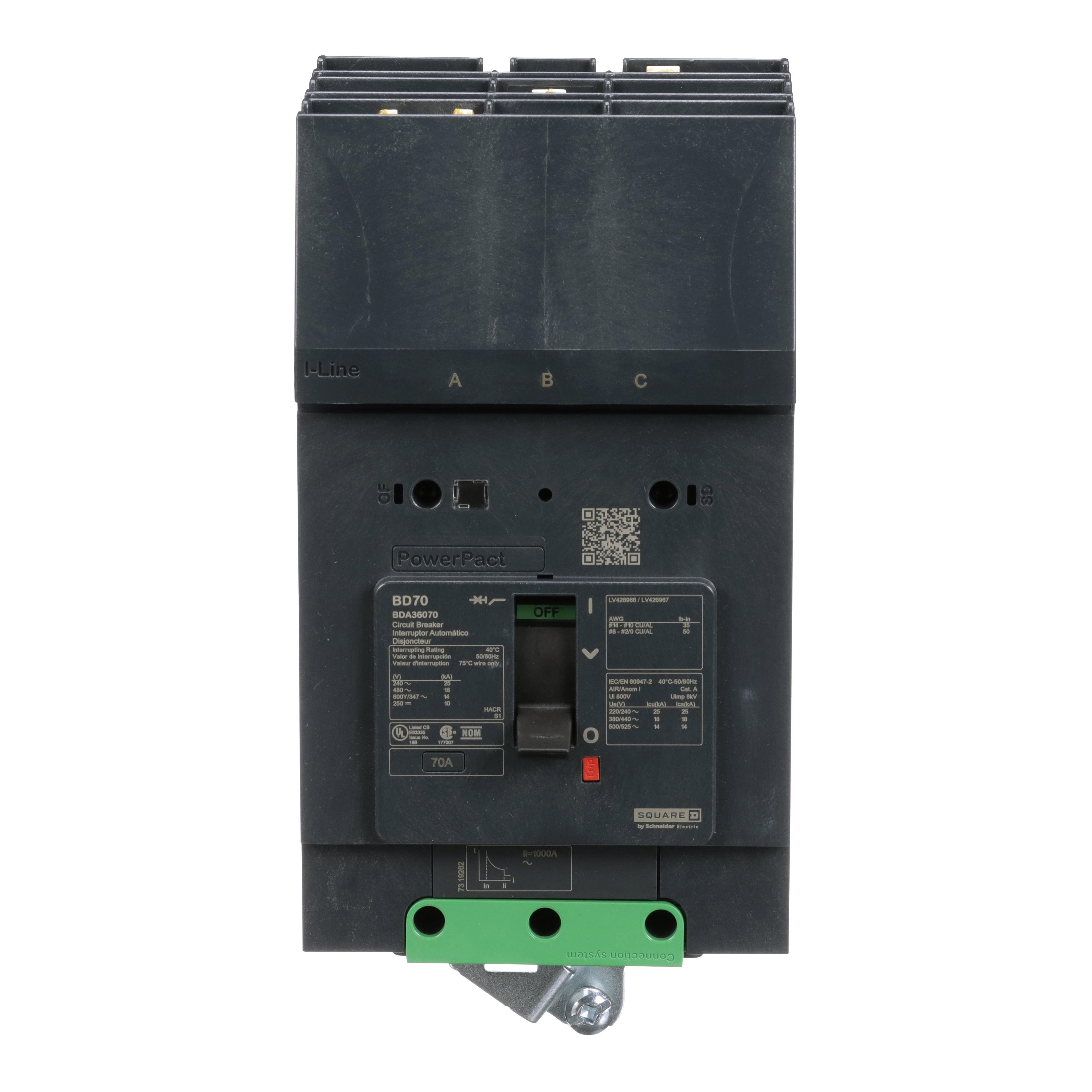 Schneider Electric I-Line™ PowerPact™ BDA36070 Molded Case Circuit Breaker, 600Y/347 V AC, 70 A, 25 kA at 240 V AC/18 kA at 480 V AC/14 kA at 600Y/347 V AC Interrupt, 3 Poles, Thermal Magnetic Trip