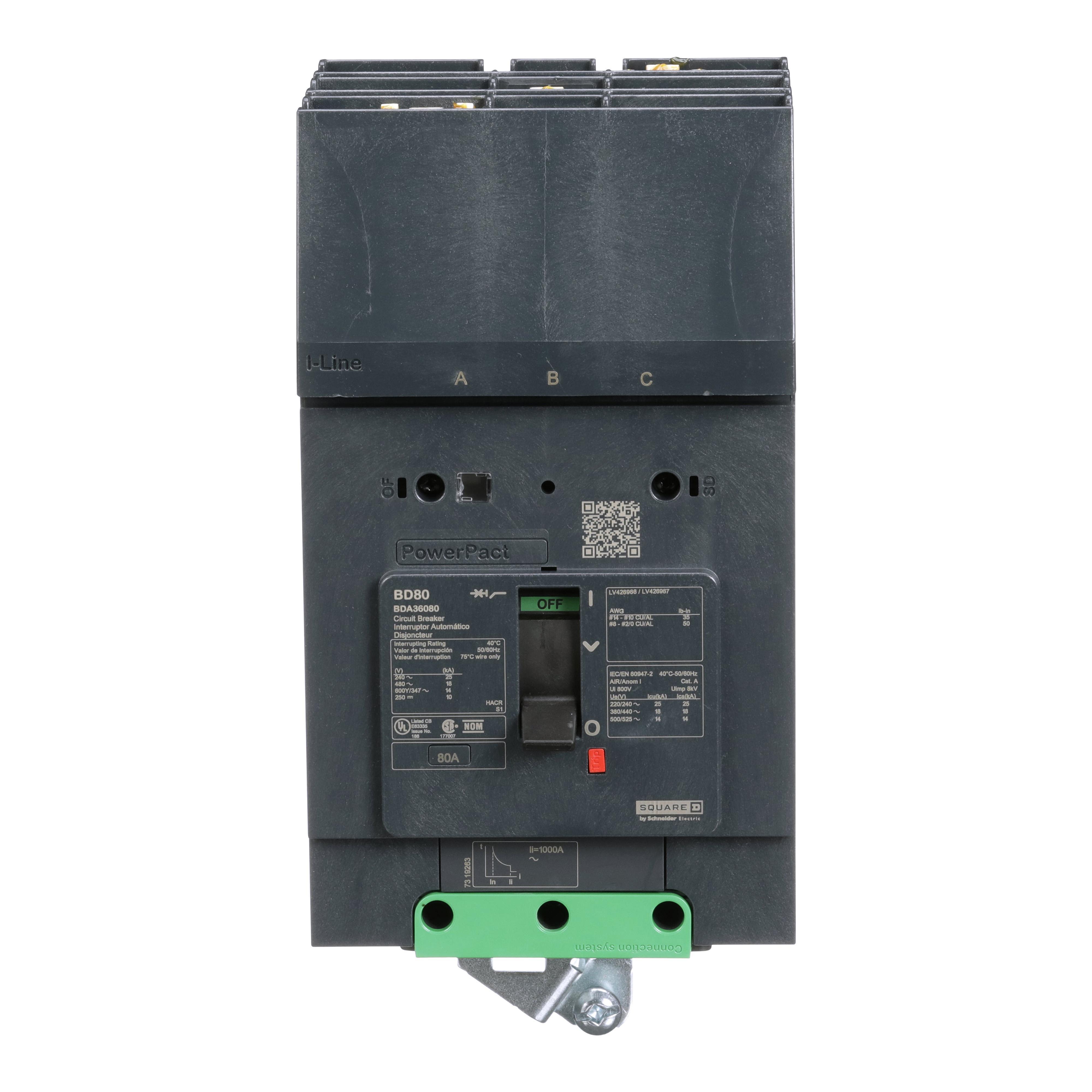 Schneider Electric I-Line™ PowerPact™ BDA36080 Molded Case Circuit Breaker, 600Y/347 V AC, 80 A, 25 kA at 240 V AC, 18 kA at 480 V AC, 14 kA at 600Y/347 V AC Interrupt, 3 Poles, Thermal Magnetic Trip