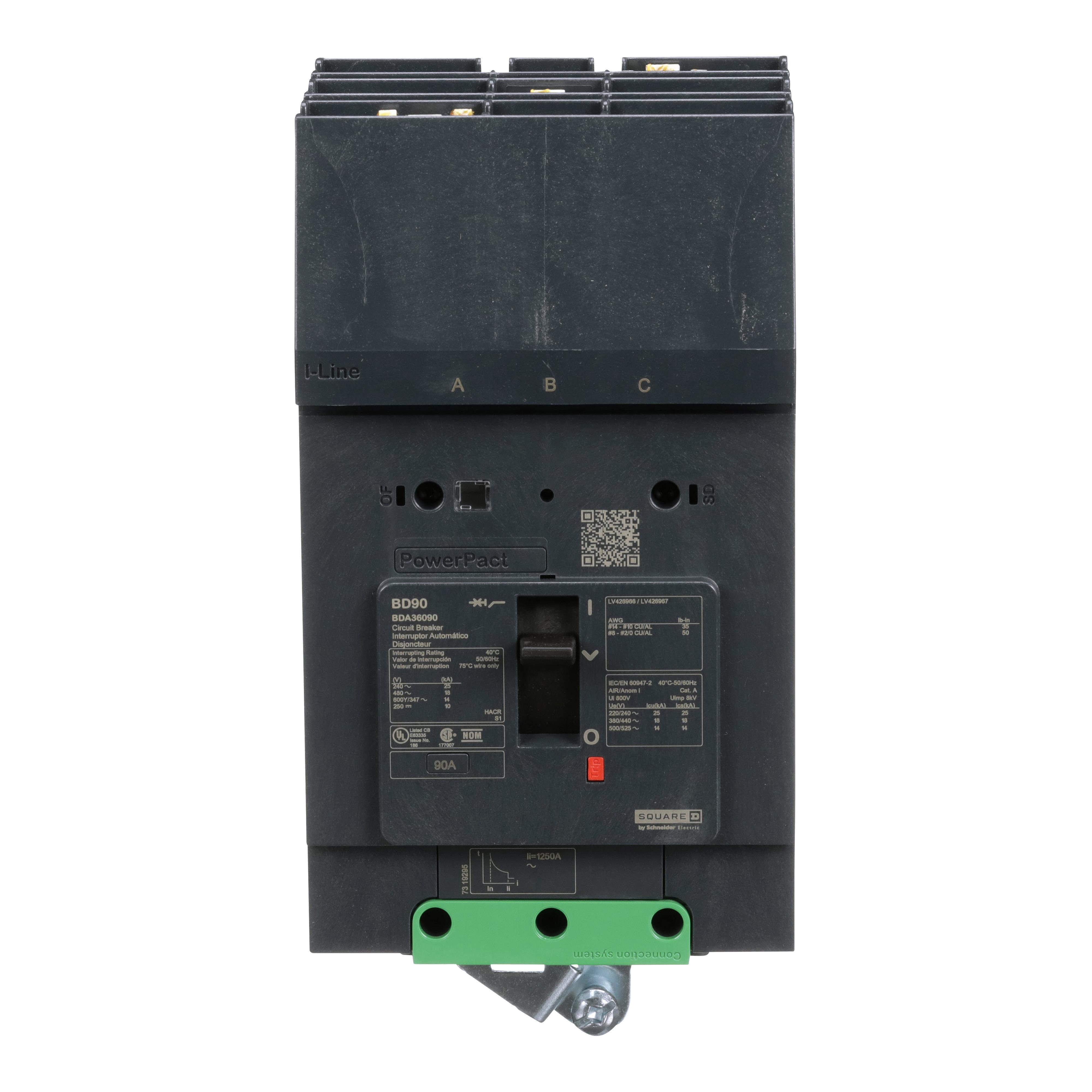 Schneider Electric I-Line™ PowerPact™ BDA36090 Molded Case Circuit Breaker, 600Y/347 V AC, 90 A, 25 kA at 240 V AC/18 kA at 480 V AC/14 kA at 600Y/347 V AC Interrupt, 3 Poles, Thermal Magnetic Trip