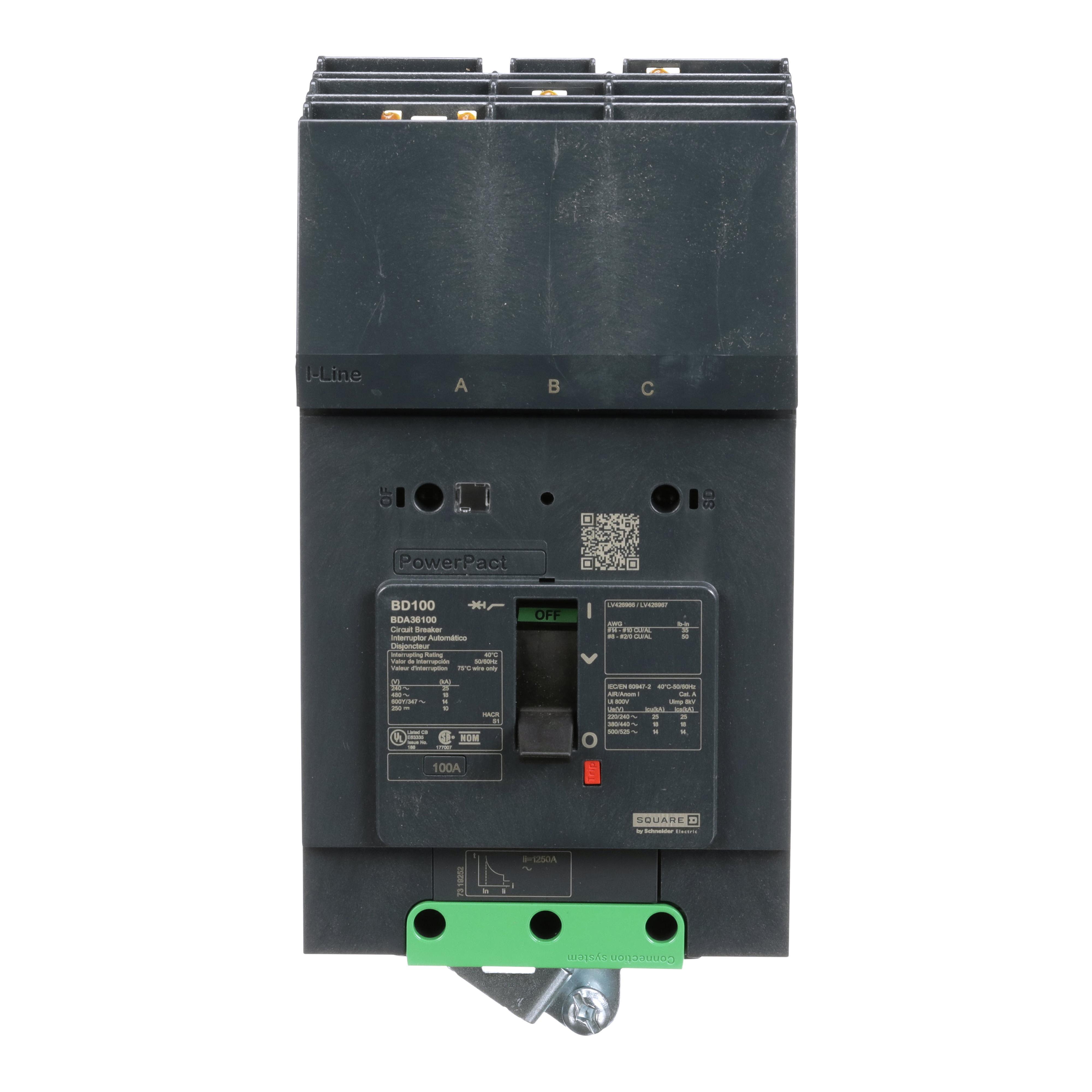 Schneider Electric PowerPact™ BDA36100 Type BDA Molded Case Circuit Breaker, 600Y/347 VAC, 250 VDC, 100 A, 10/14/18/25 kA Interrupt, 3 Poles, Thermal Magnetic Trip