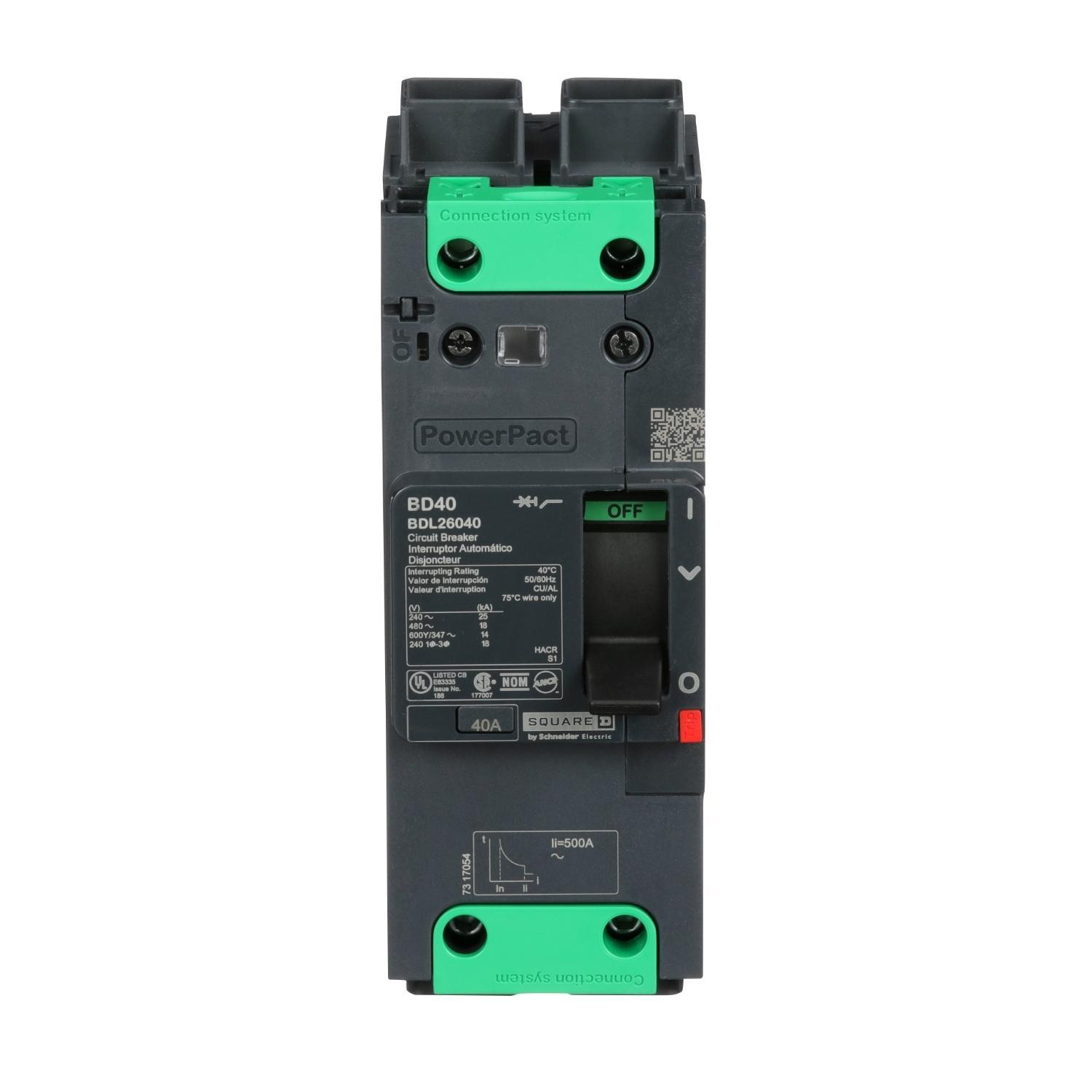 Schneider Electric PowerPact™ EverLink BDL26040 Molded Case Circuit Breaker, 600Y/347 V AC, 40 A, 25 kA at 240 V AC, 18 kA at 480 V AC, 14 kA at 600Y/347 V AC Interrupt, 2 Poles, Thermal Magnetic Trip