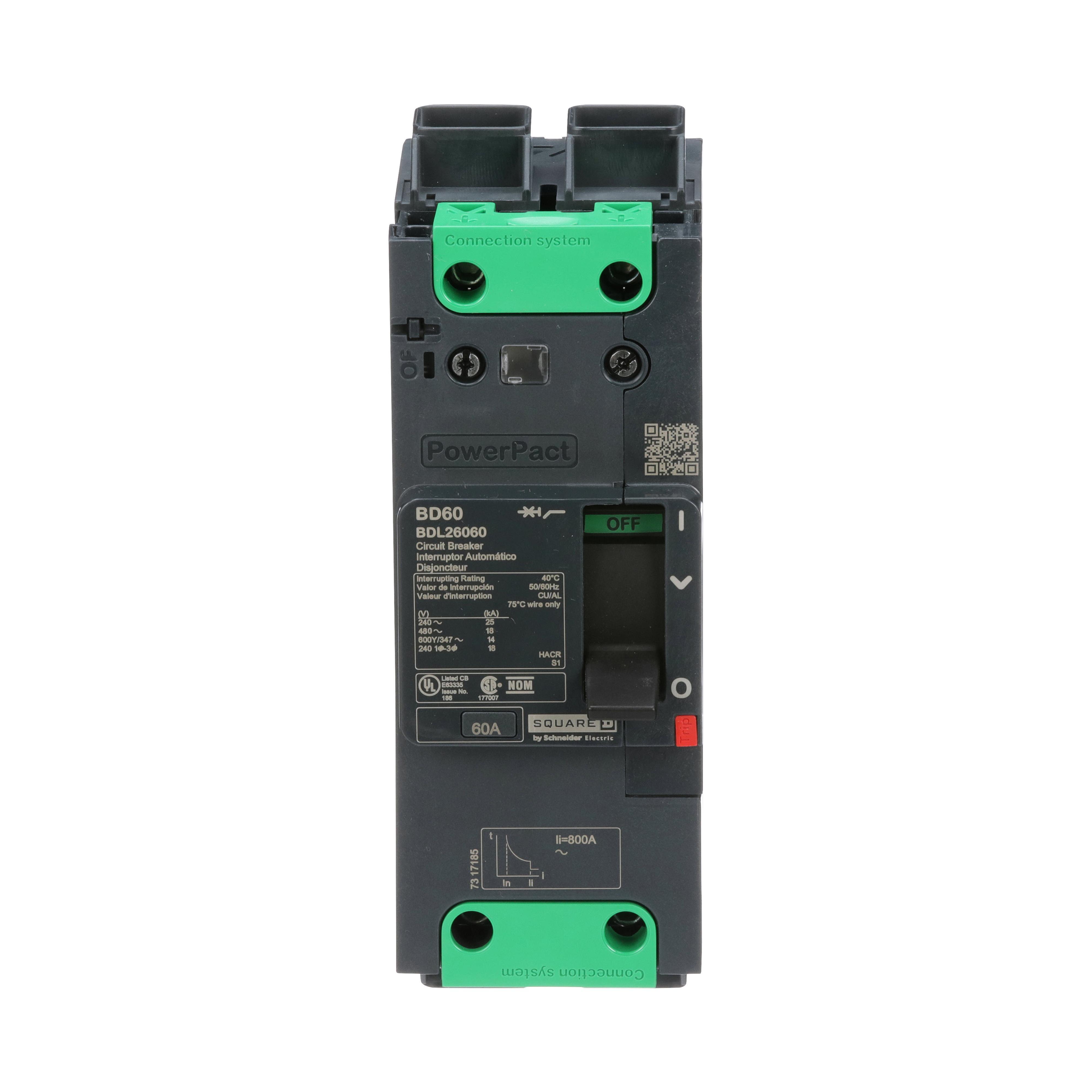 Schneider Electric PowerPact™ BDL26060 Type BDL Molded Case Circuit Breaker, 600Y/347 VAC, 250 VDC, 60 A, 10/14/18/25 kA Interrupt, 2 Poles, Thermal Magnetic Trip