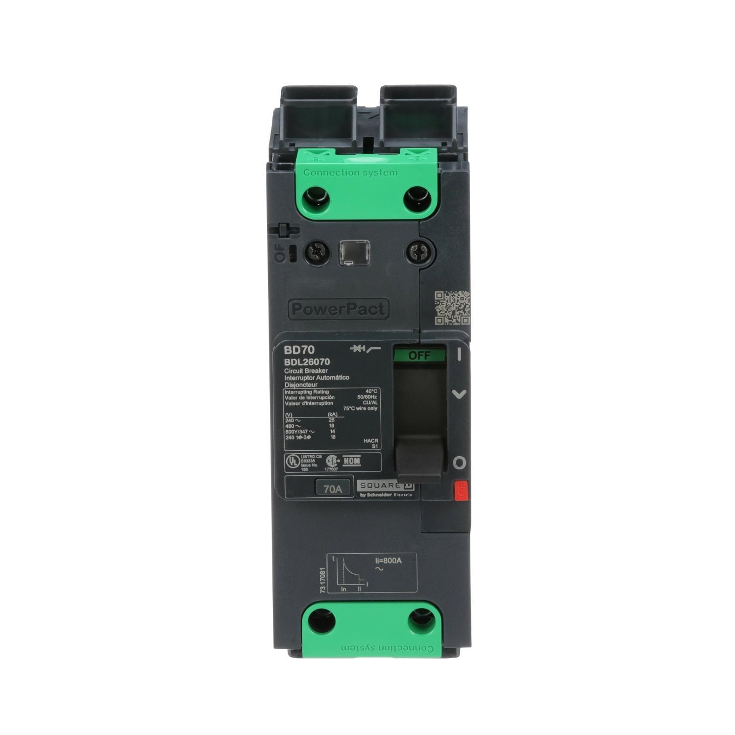 Schneider Electric PowerPact™ BDL26070 Type BDL Molded Case Circuit Breaker, 600Y/347 V AC, 70 A, 14 kA Interrupt, 2 Poles, Electronic Trip