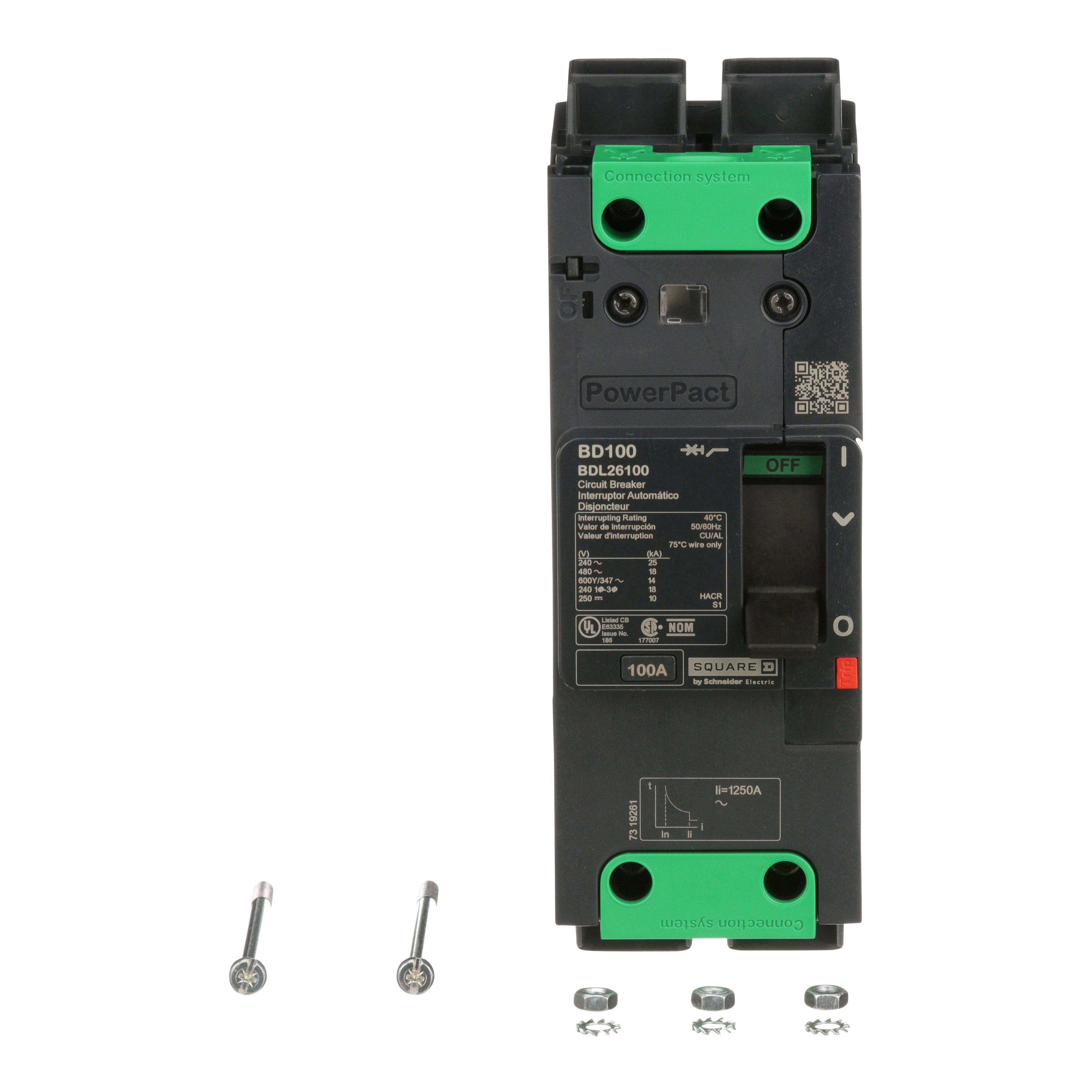 Schneider Electric PowerPact™ EverLink BDL26100 Molded Case Circuit Breaker, 600Y/347 V AC, 80 A, 25 kA at 240 V AC, 18 kA at 480 V AC, 14 kA at 600Y/347 V AC Interrupt, 3 Poles, Thermal Magnetic Trip