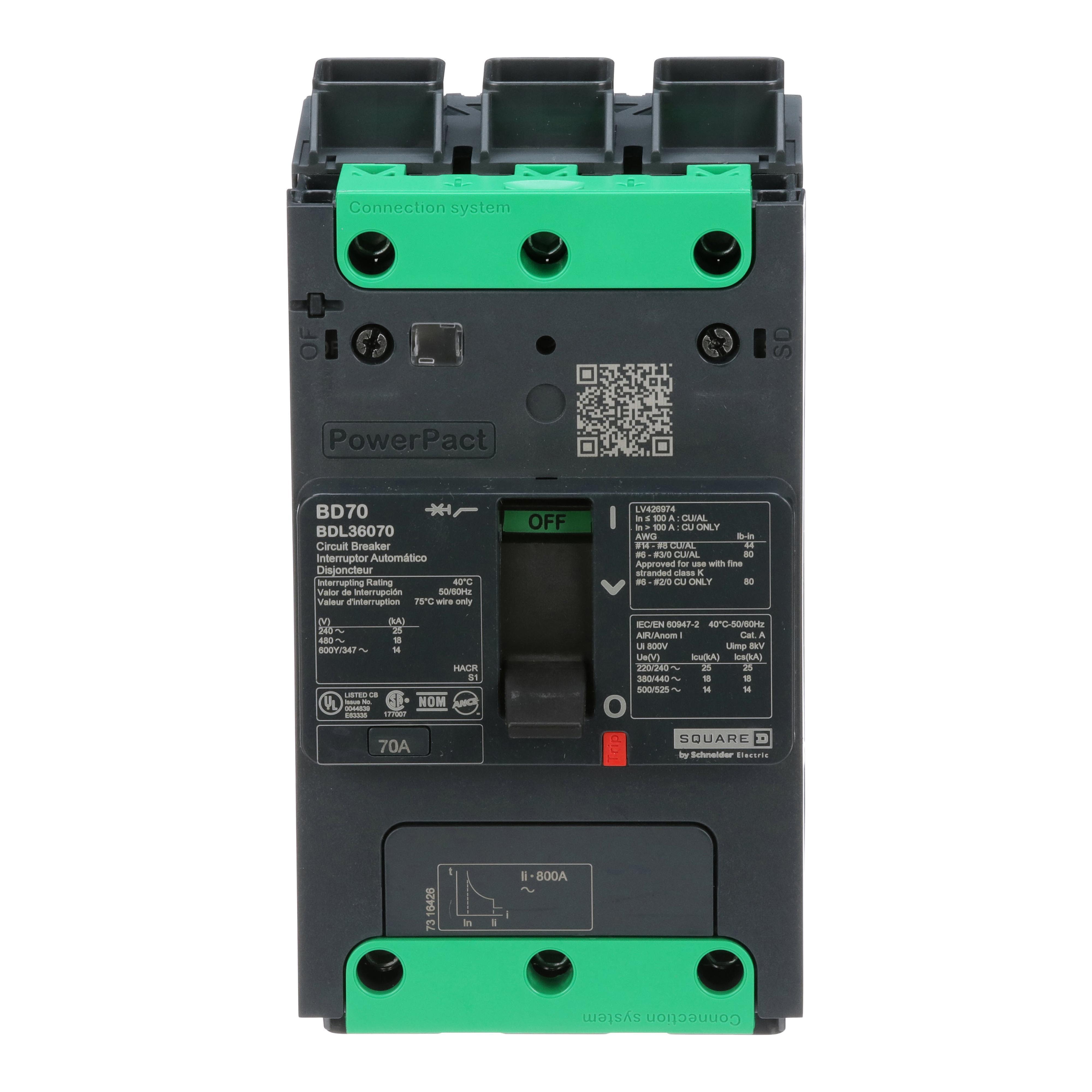 Schneider Electric PowerPact™ BDL36070 Type BDL Molded Case Circuit Breaker, 600Y/347 VAC, 250 VDC, 70 A, 10/14/18/25 kA Interrupt, 3 Poles, Thermal Magnetic Trip