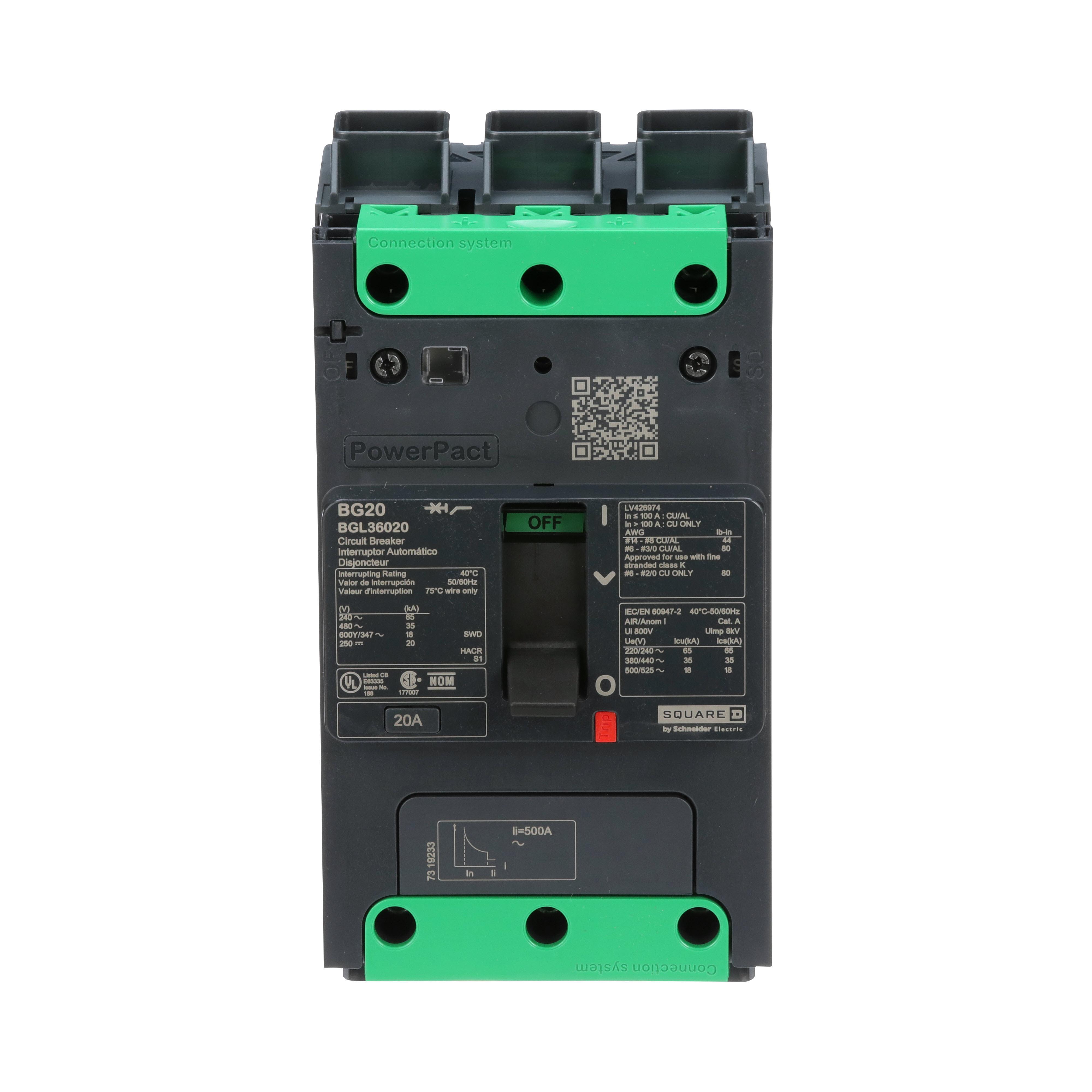 Schneider Electric PowerPact™ EverLink BGL36020 Molded Case Circuit Breaker, 600Y/347 V AC, 20 A, 65 kA at 240 V AC/35 kA at 480 V AC/18 kA at 600Y/347 V AC Interrupt, 3 Poles, Thermal Magnetic Trip