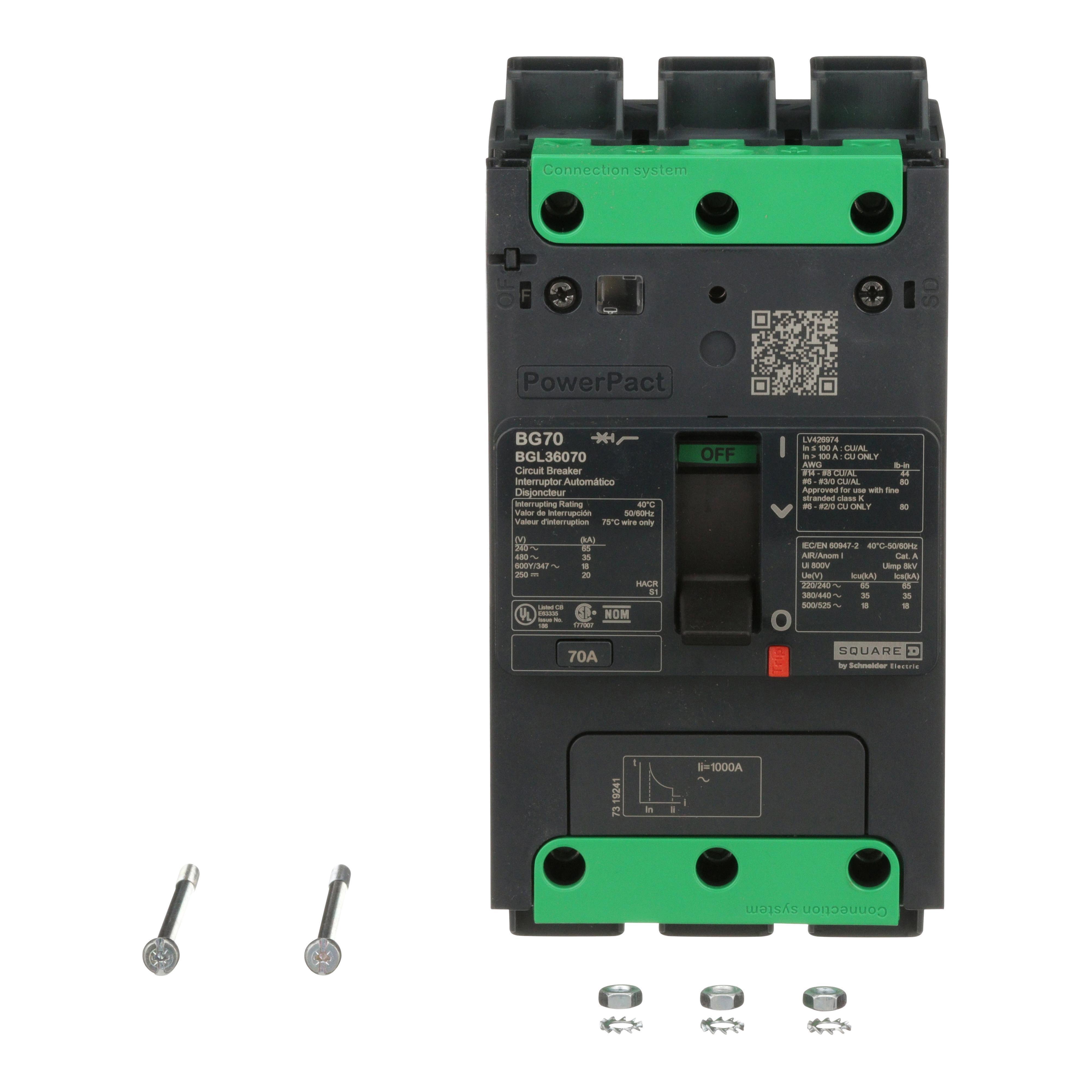 Schneider Electric PowerPact™ Square D™ BGL36070 Molded Case Circuit Breaker, 600Y/347 VAC, 250 VDC, 70 A, 18 kA Interrupt, 3 Poles, Thermal Magnetic Trip