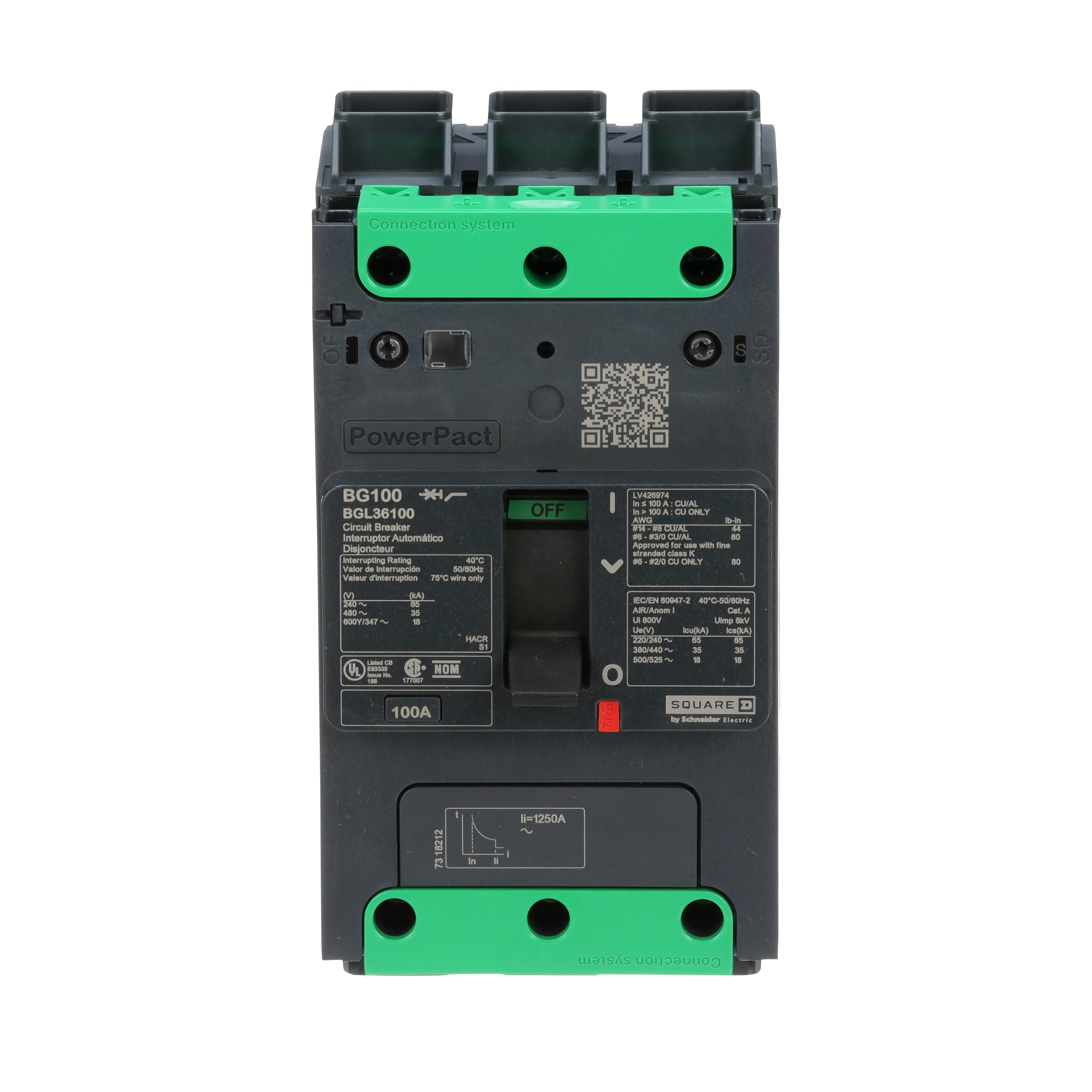 Schneider Electric PowerPact™ BGL36100 Type BGL Molded Case Circuit Breaker, 600Y/347 VAC, 250 VDC, 100 A, 18/20/35/65 kA Interrupt, 3 Poles, Thermal Magnetic Trip