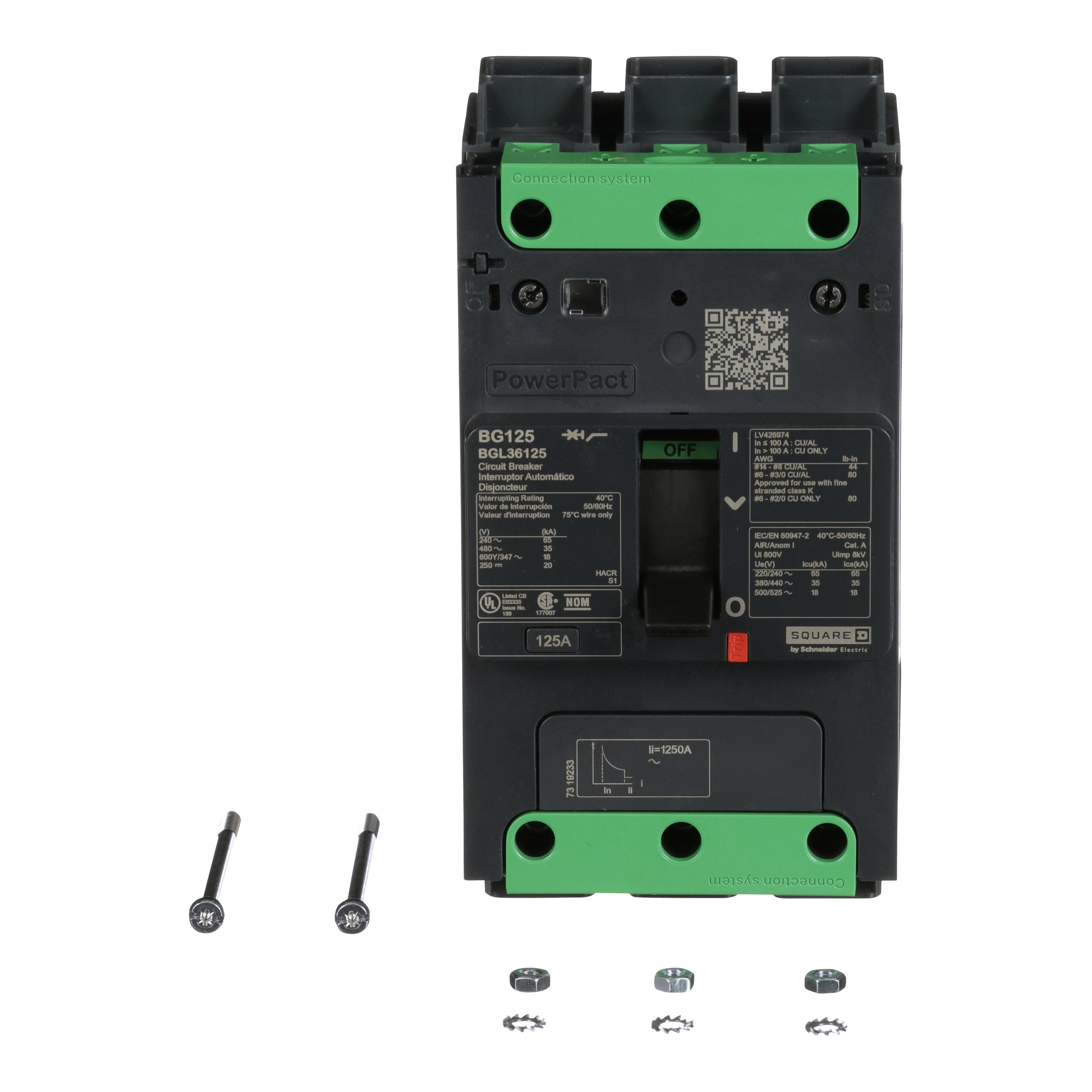 Schneider Electric PowerPact™ BGL36125 Molded Case Circuit Breaker, 600Y/347 VAC, 489 to 250 VDC, 125 A, 18 kA Interrupt, 3 Poles, Thermal Magnetic Trip
