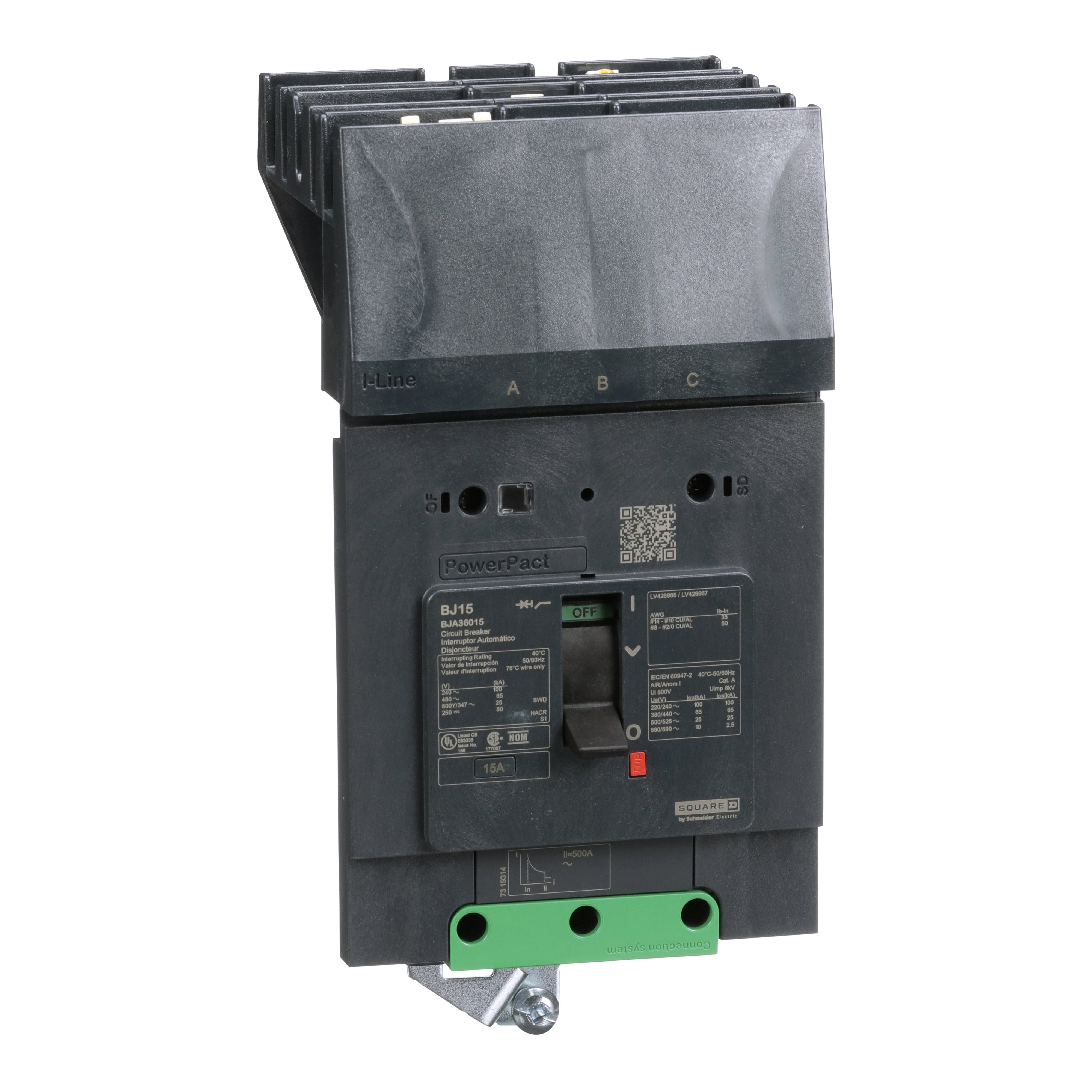 Schneider Electric I-Line™ PowerPact™ BJA36015 Molded Case Circuit Breaker, 600Y/347 V AC, 50 A, 25 kA at 240 V AC, 18 kA at 480 V AC, 14 kA at 600Y/347 V AC Interrupt, 2 Poles, Thermal Magnetic Trip
