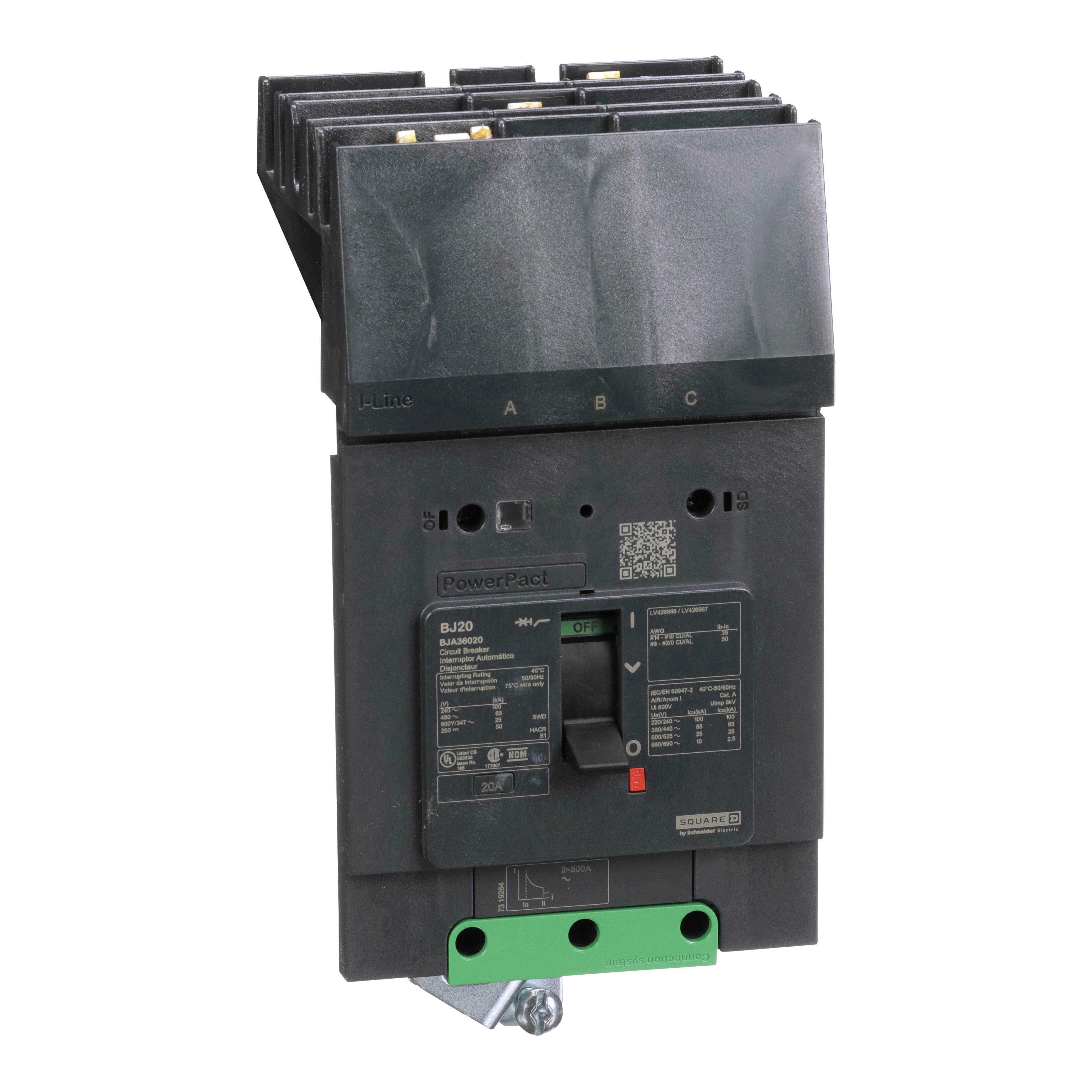 Schneider Electric I-Line™ PowerPact™ BJA36020 Molded Case Circuit Breaker, 480Y/277 V AC, 60 A, 25 kA at 240 V AC, 18 kA at 480 V AC, 14 kA at 600Y/347 V AC Interrupt, 2 Poles, Thermal Magnetic Trip