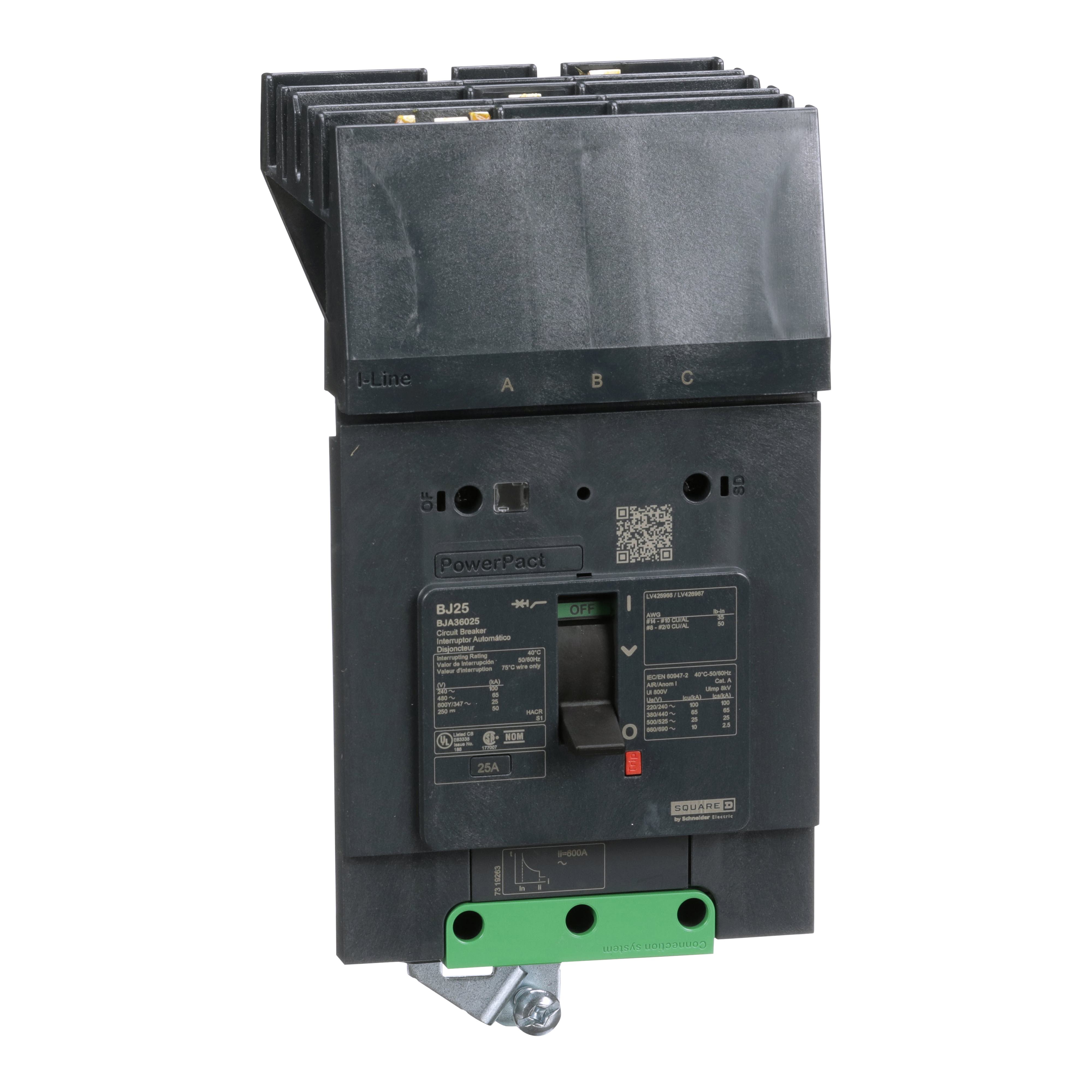 Schneider Electric I-Line™ PowerPact™ BJA36025 Molded Case Circuit Breaker, 600Y/347 V AC, 25 A, 100 kA at 240 V AC, 65 kA at 480 V AC, 25 kA at 600Y/347 V AC Interrupt, 3 Poles, Thermal Magnetic Trip